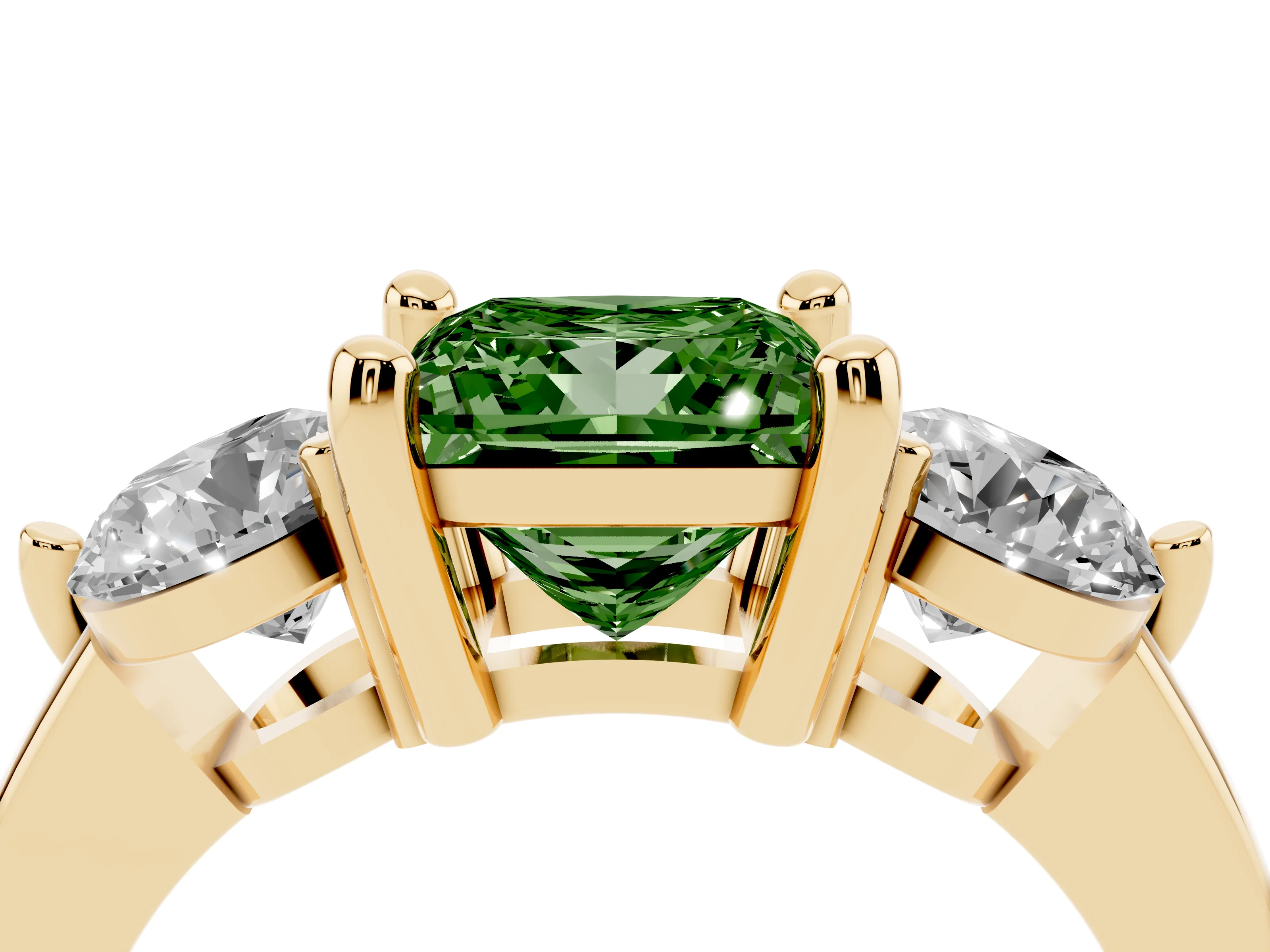 Fancy Green Princess Cut Diamond Three-Stone Ring Set in Yellow gold with Prong Setting and Classic Band