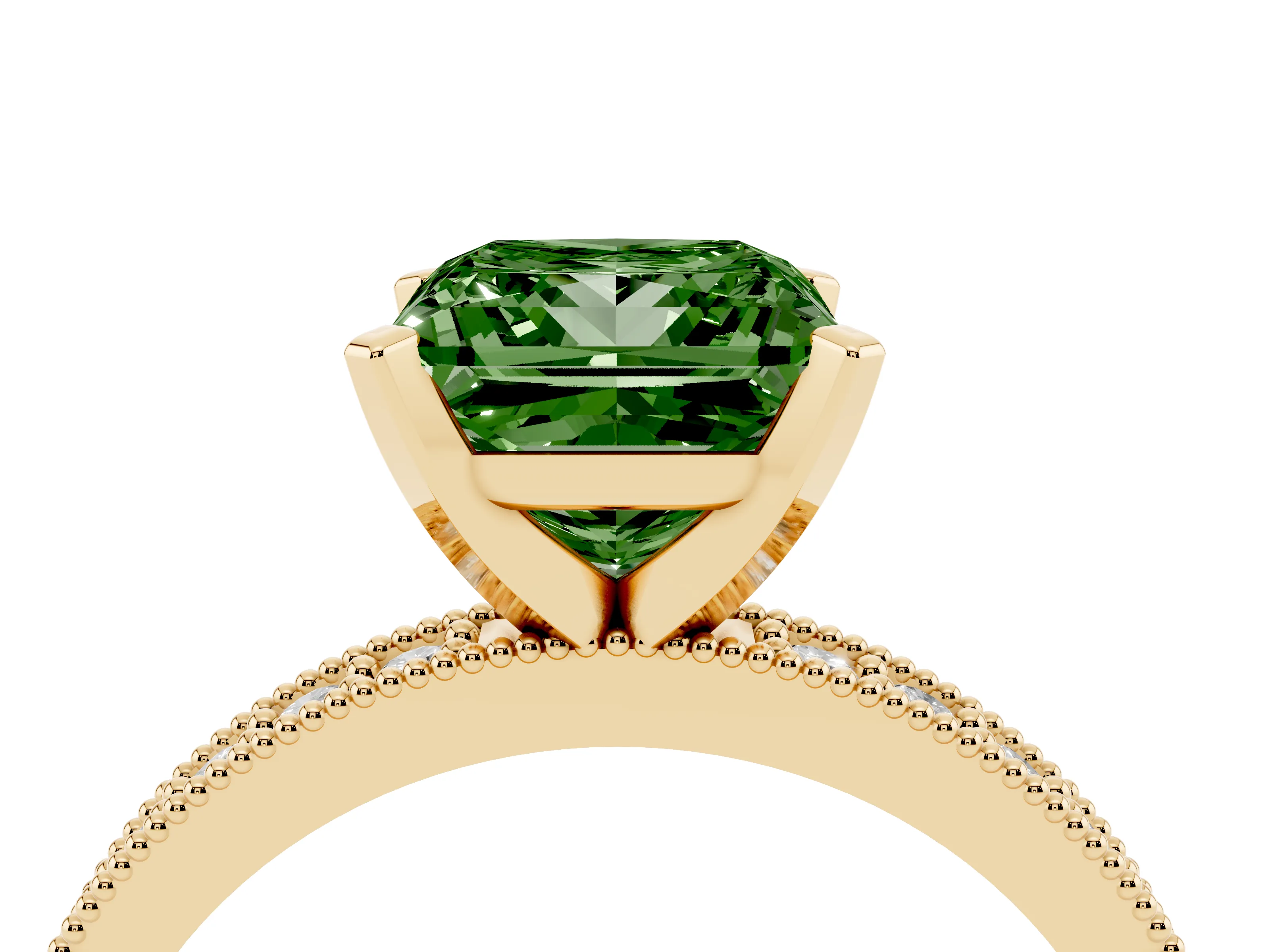 Fancy Green Princess Cut Diamond Milgrain Pavé Engagement Ring Set in Yellow gold with Prong Setting
