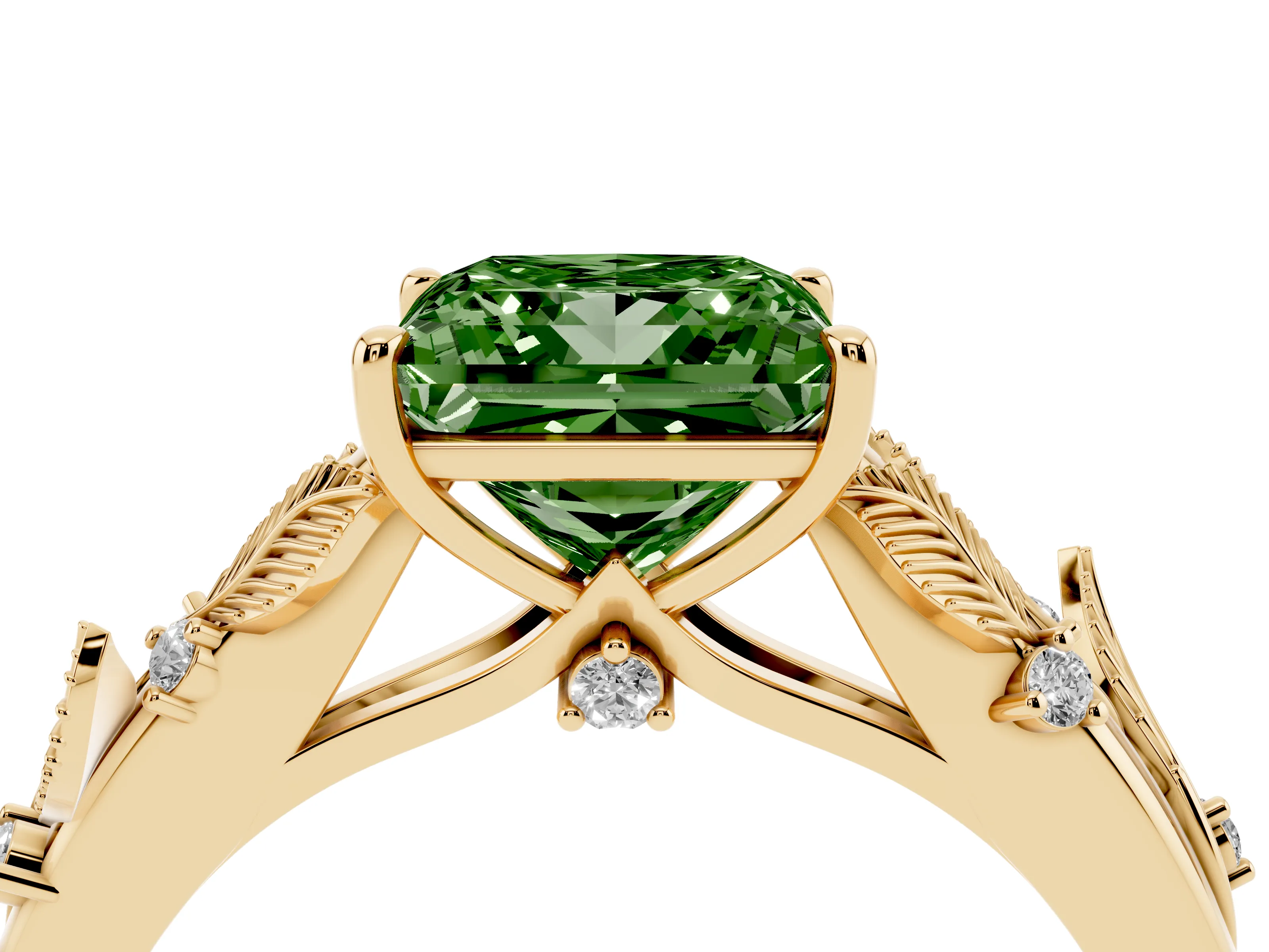Fancy Green Princess Cut Diamond Solitaire Ring Set in Yellow gold with Leaf Motif Band
