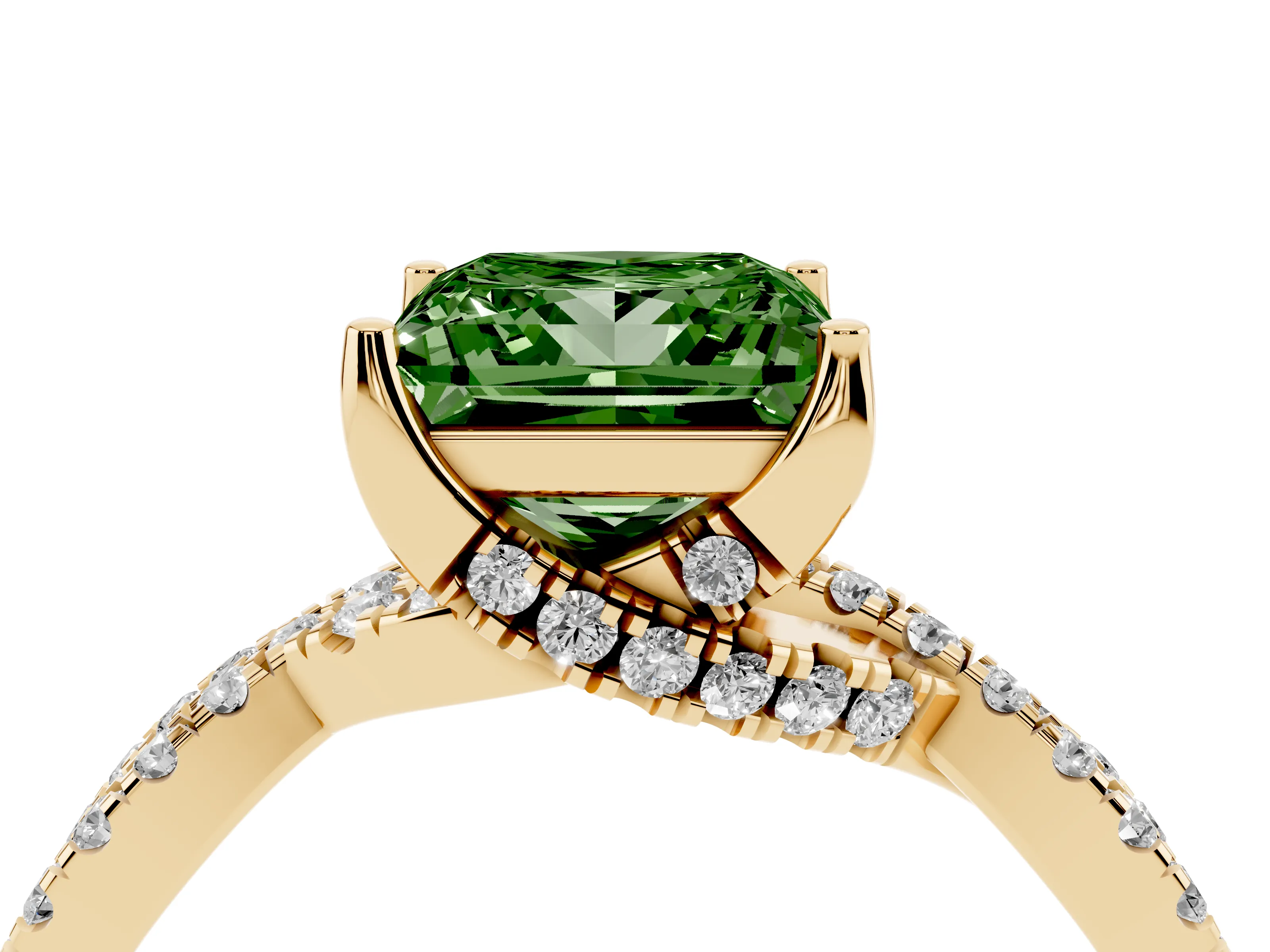 Fancy Green Princess Cut Diamond Twist Pavé Solitaire Engagement Ring Set in Yellow gold with Prong Setting