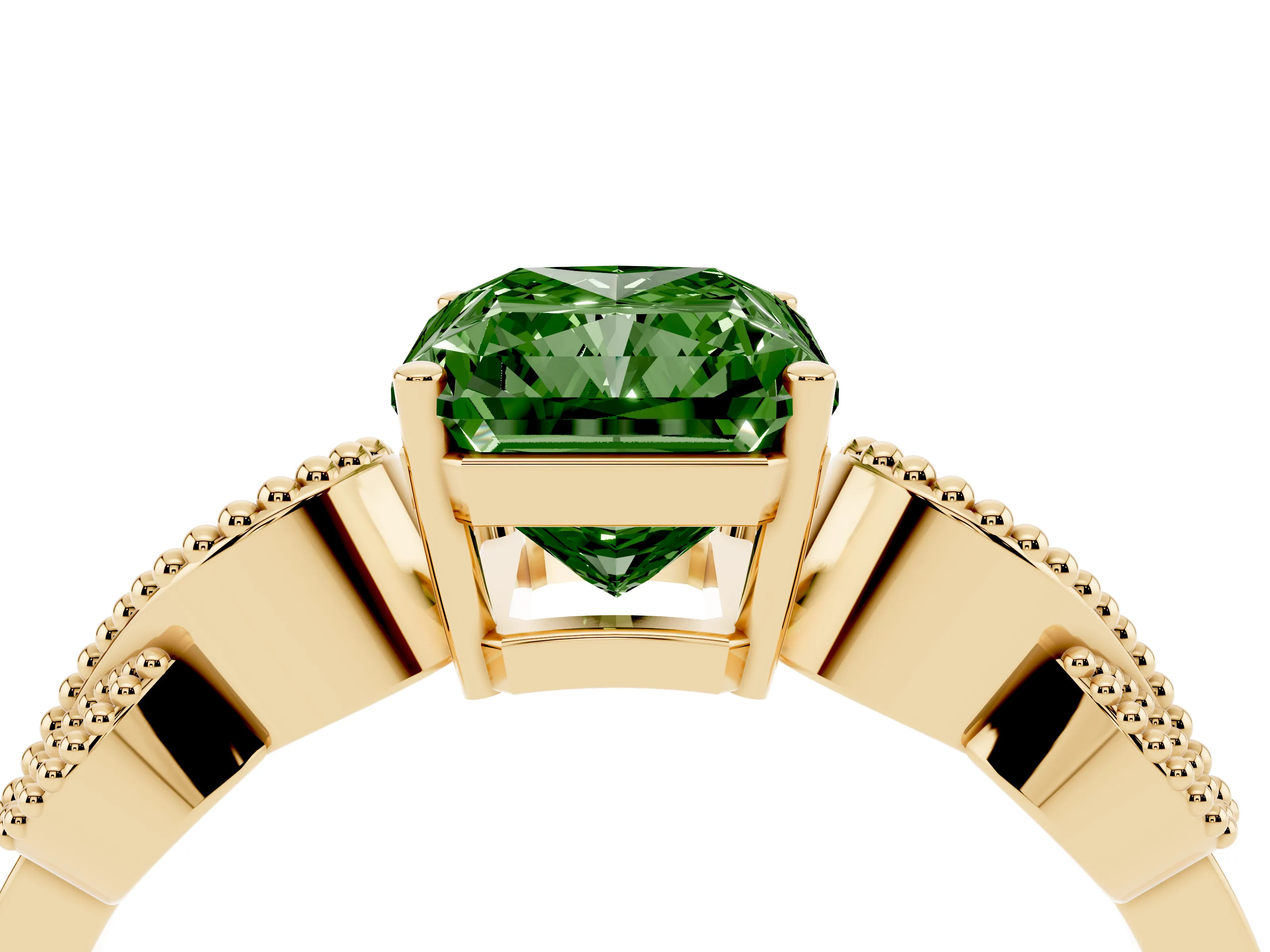 Fancy Green Princess Cut Diamond Milgrain Leaf Band Solitaire Ring Set in Yellow gold with Accent Stones and Prong Setting