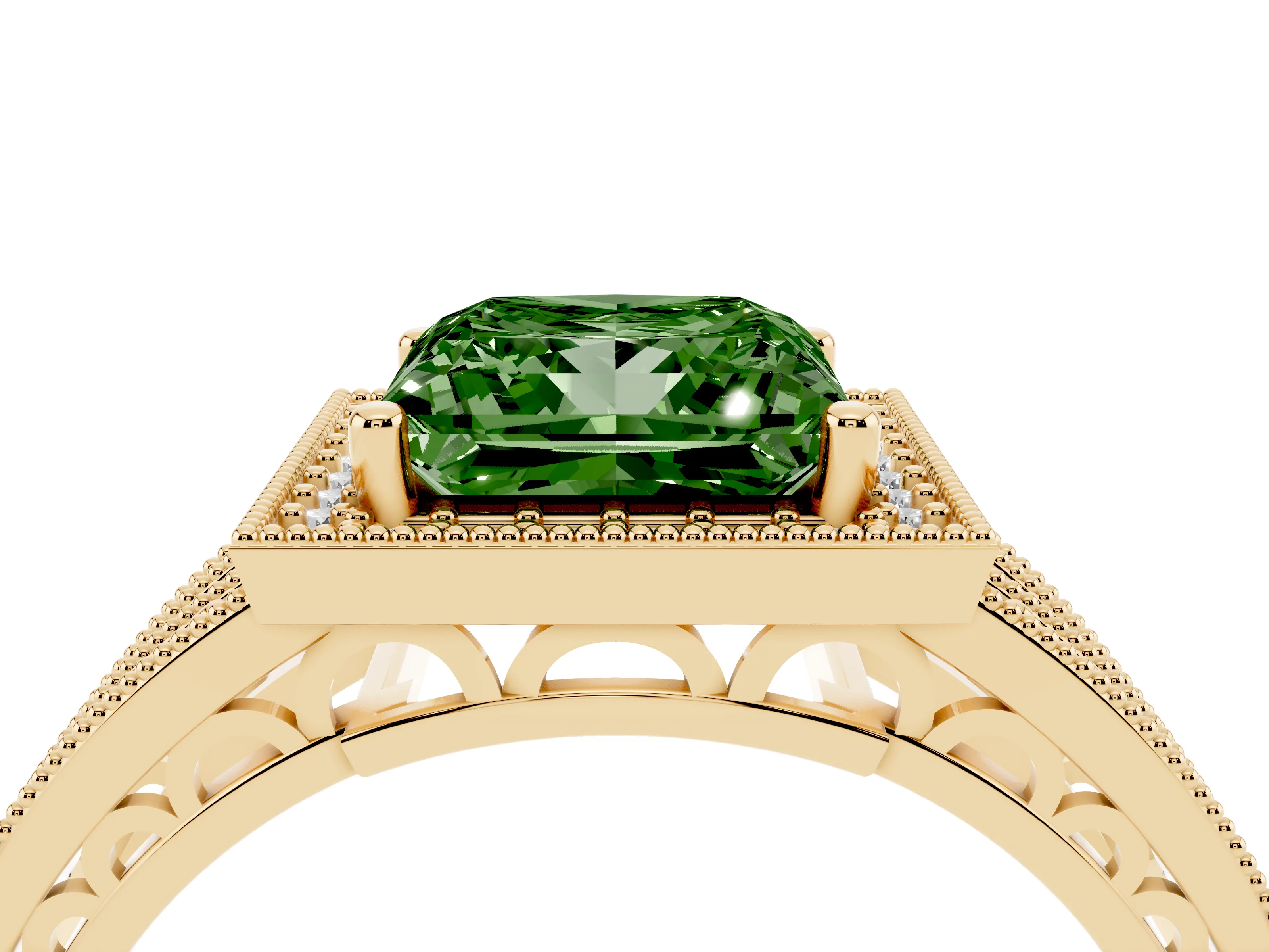 Fancy Green Princess Cut Diamond Halo Ring Set in Yellow gold with Accent Split Shank and Prong Setting