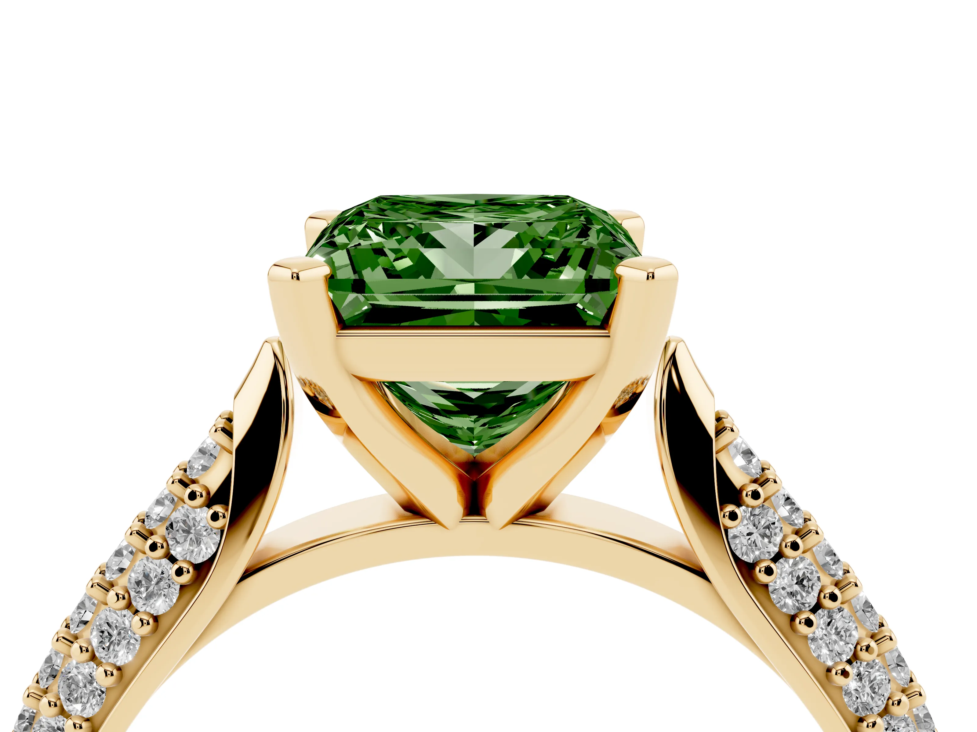 Fancy Green Princess Cut Diamond Solitaire Engagement Ring Set in Yellow gold with Multi-Row Round Pavé Band and Prong Setting