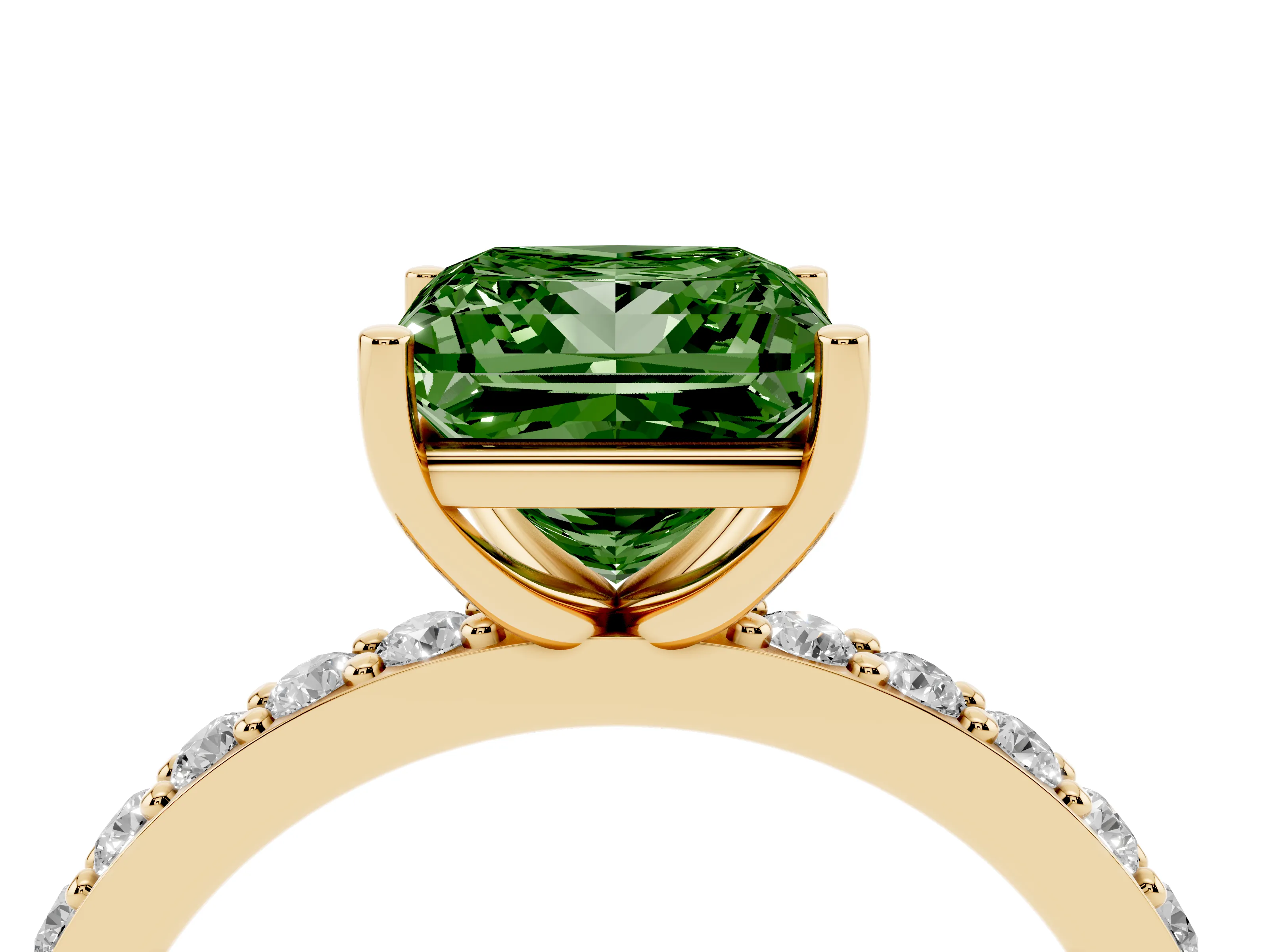 Fancy Green Princess Cut Diamond Solitaire Set in Yellow gold with Round Pavé Band and Prong Setting