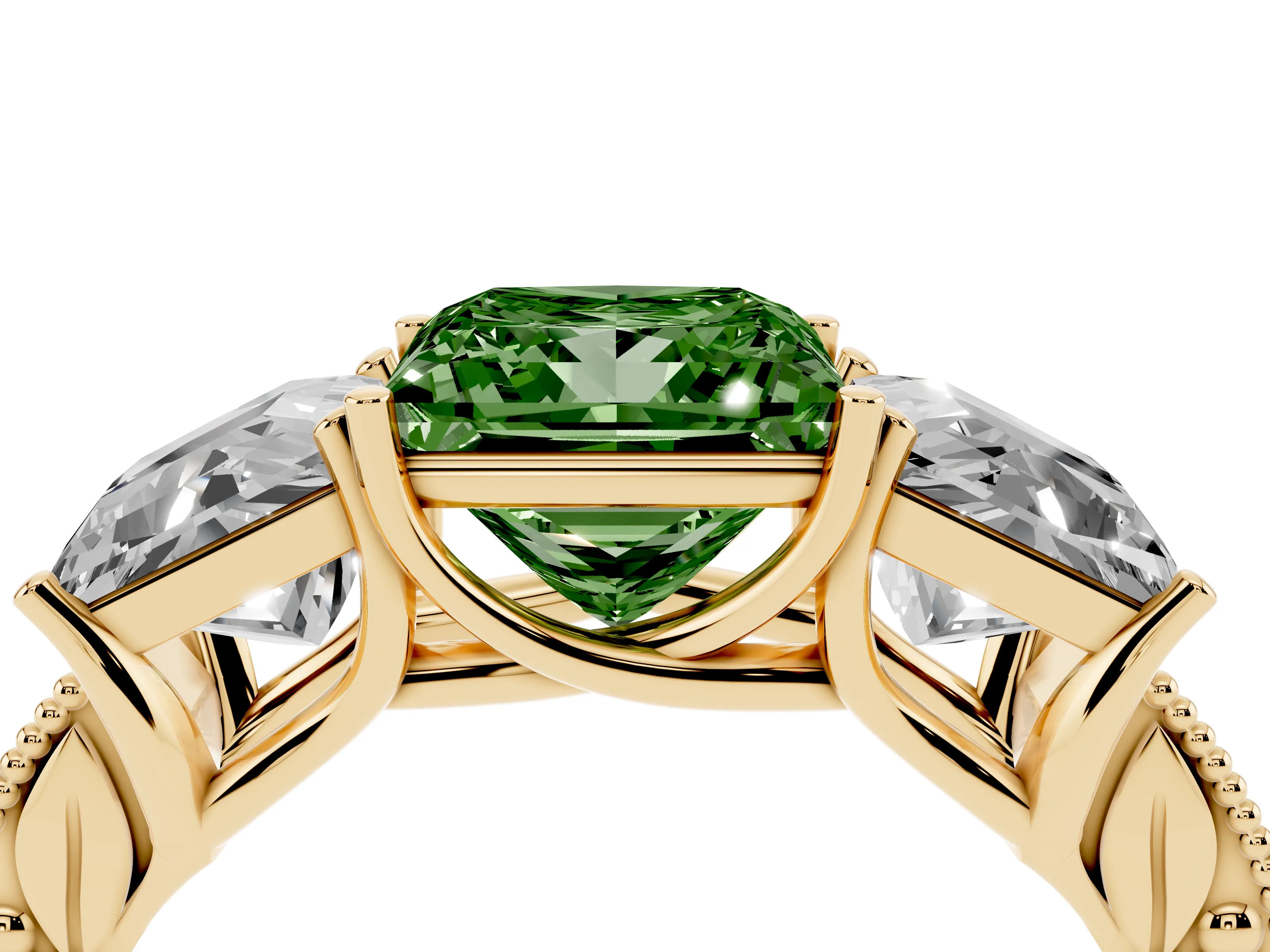 Fancy Green Princess Cut Diamond Three-Stone Engagement Ring Set in Yellow gold with Milgrain Pavé Band