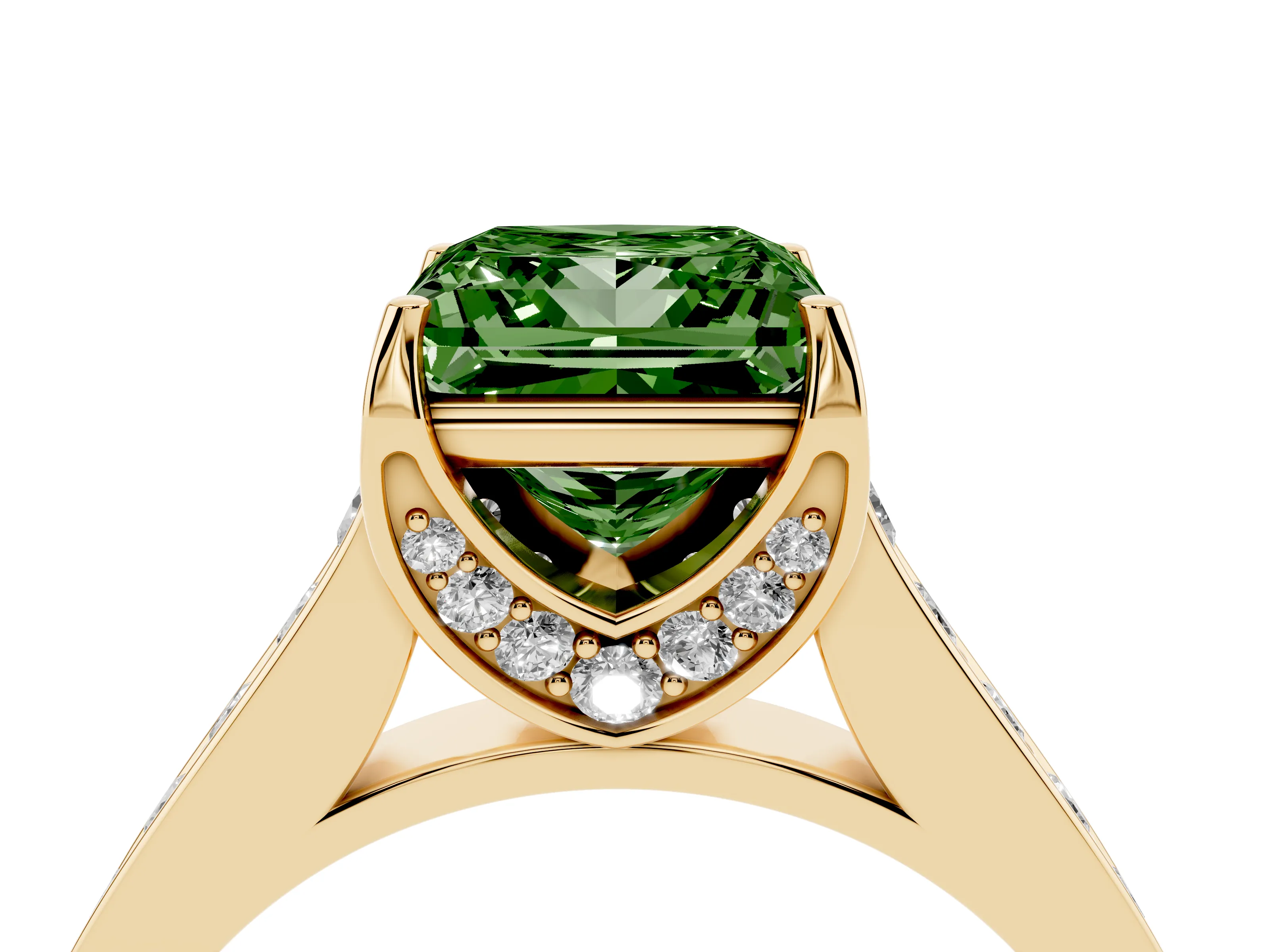 Fancy Green Princess Cut Diamond Solitaire Pavé Engagement Ring Set in Yellow gold with Prong Setting