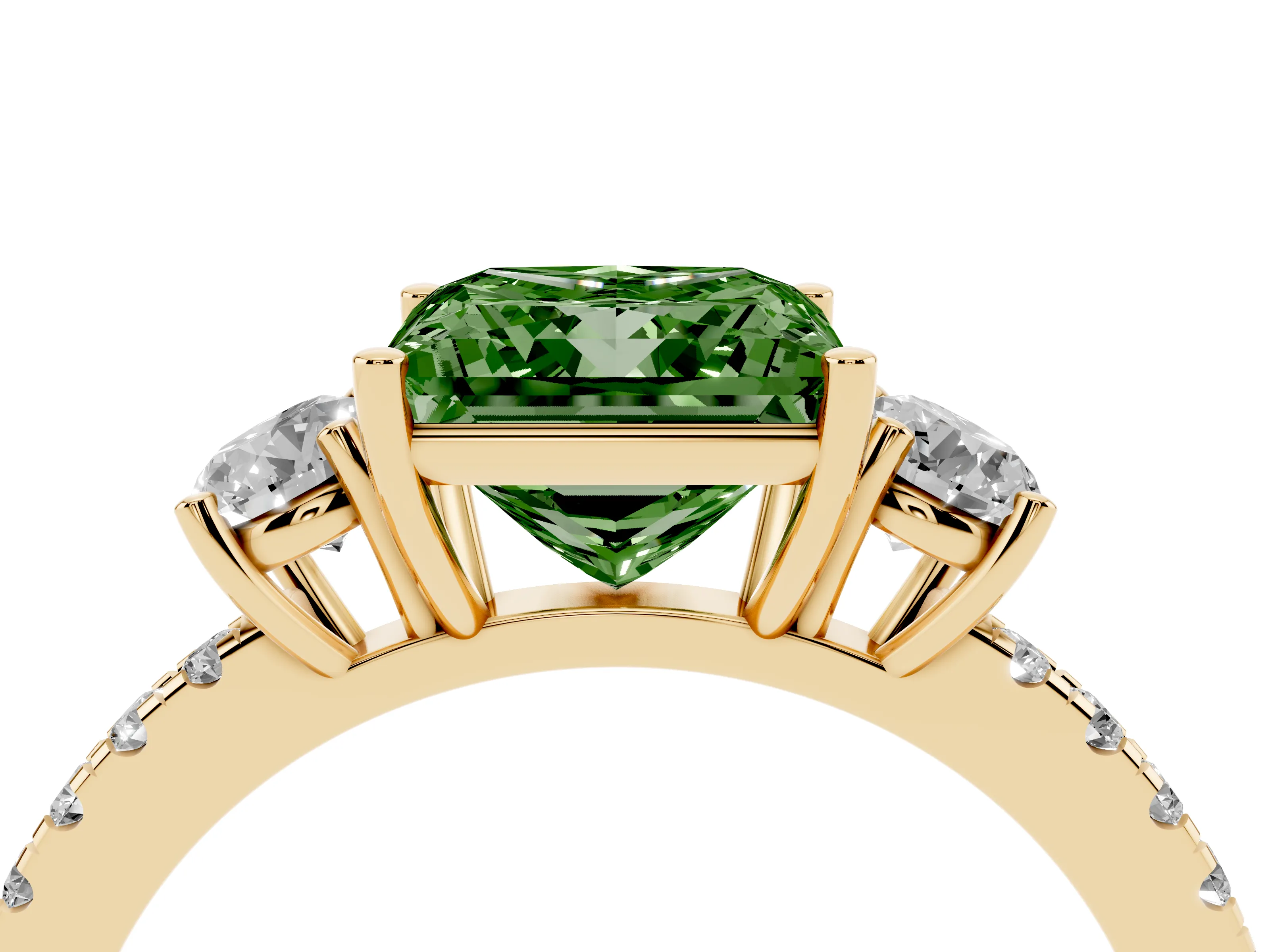 Fancy Green Princess Cut Diamond Three-Stone Ring Set in Yellow gold with Pavé Band and Graduated Sides