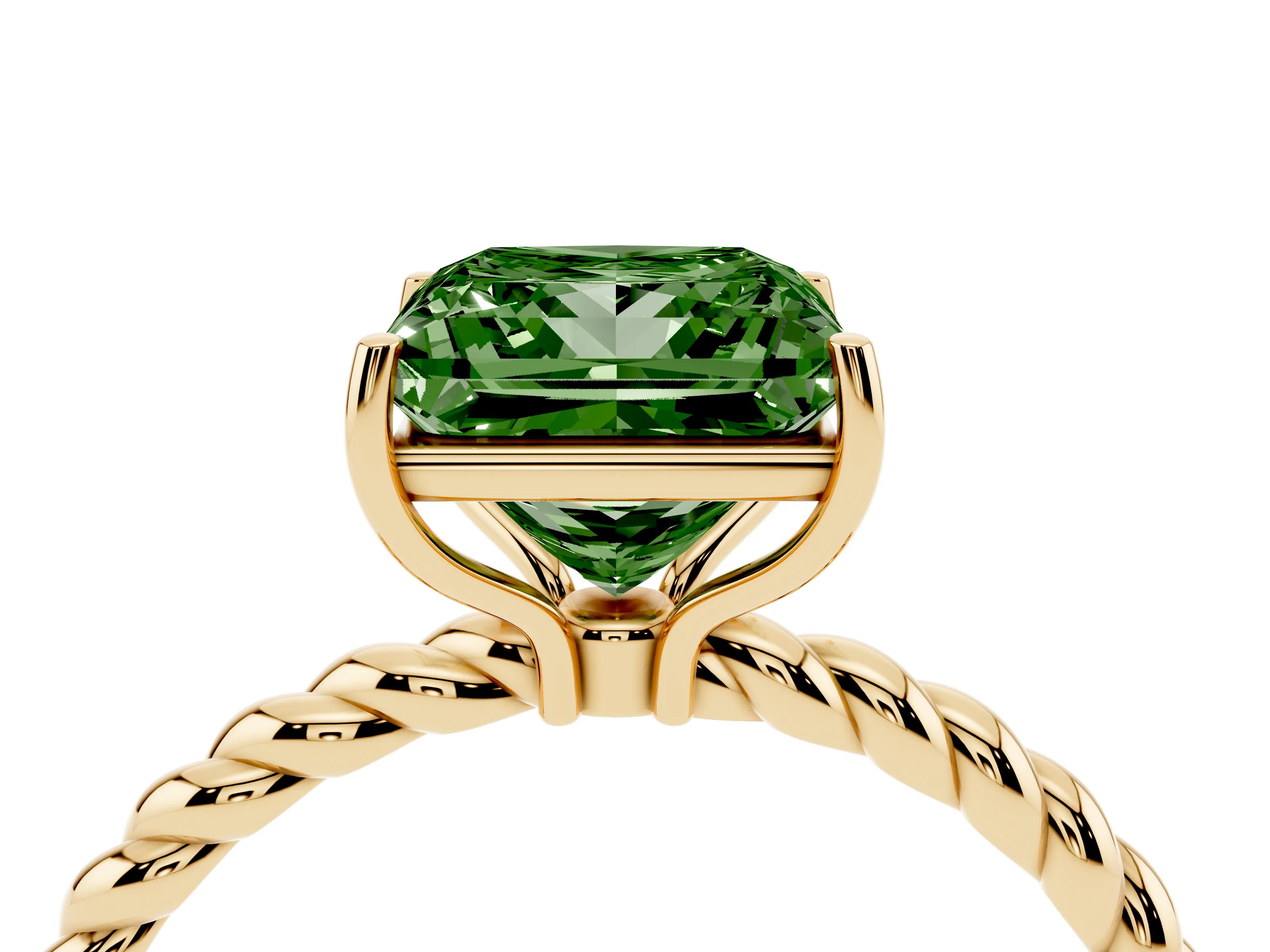 Fancy Green Princess Cut Diamond Solitaire Ring Set in Yellow gold with Twist Band and Prong Setting