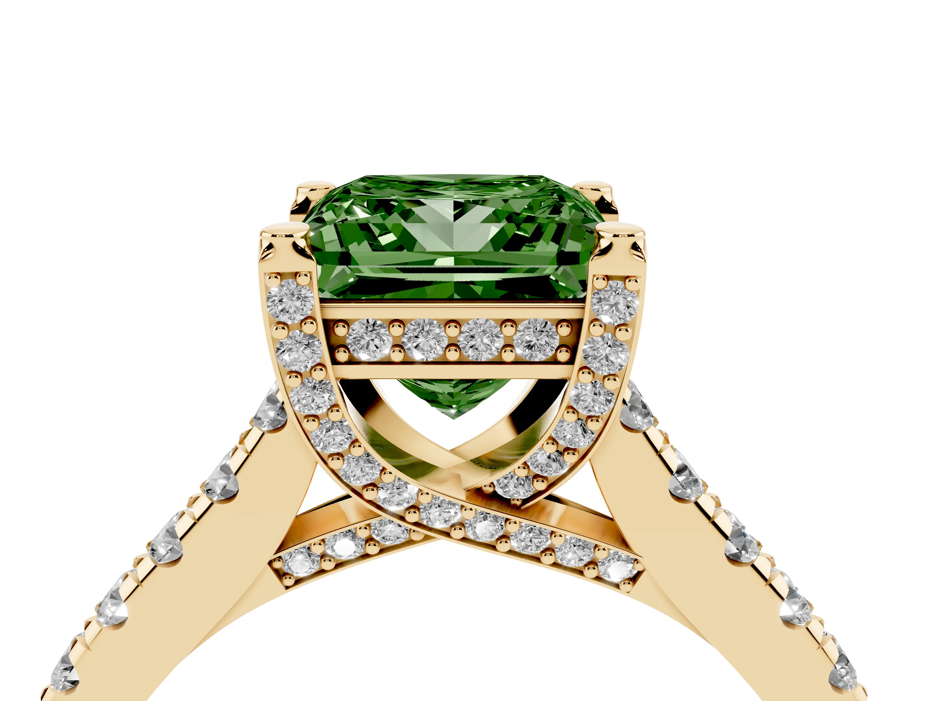 Fancy Green Princess Cut Diamond Solitaire Ring Set in Yellow gold with Brilliant Pavé Band and Prong Setting