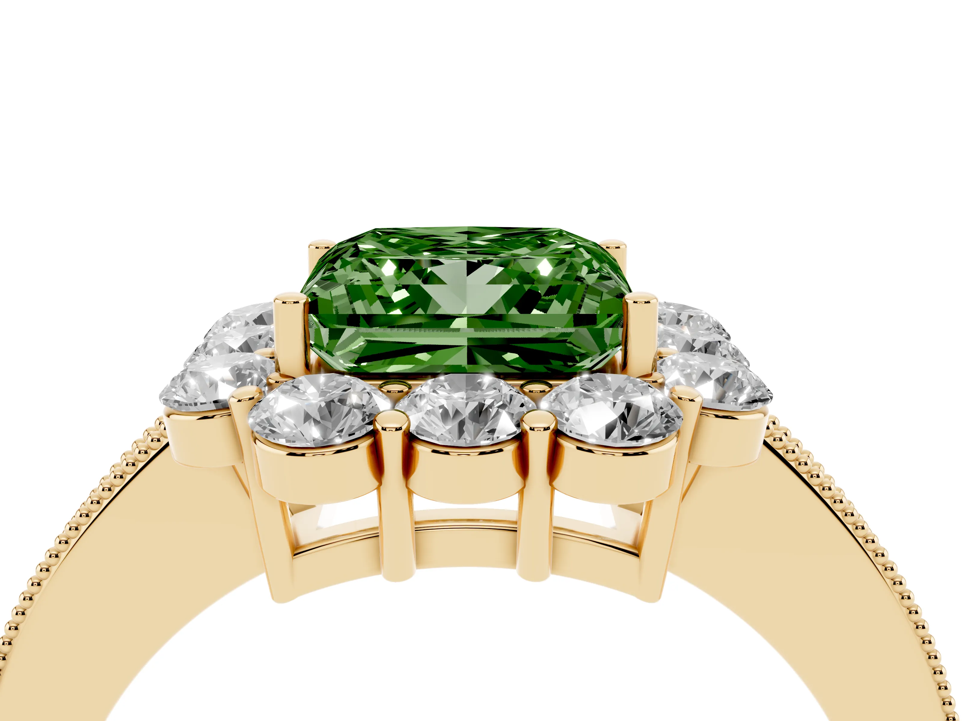 Fancy Green Princess Cut Diamond Halo Pavé Engagement Ring Set in Yellow gold with Milgrain Detailing