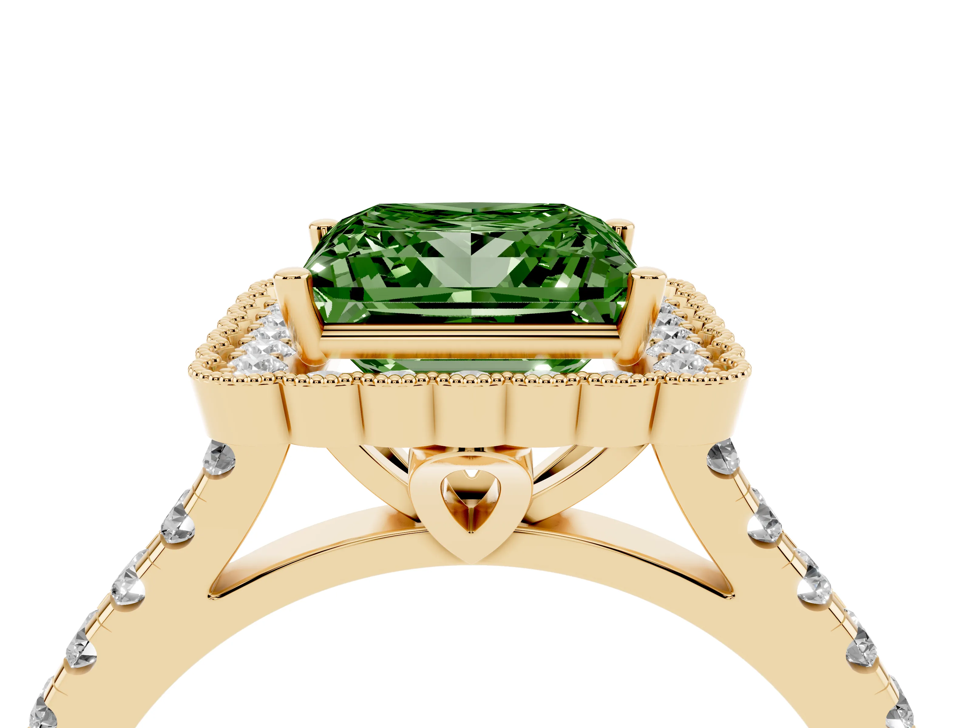 Fancy Green Princess Cut Diamond Milgrain Floral Halo Engagement Ring Set in Yellow gold with Pavé Band