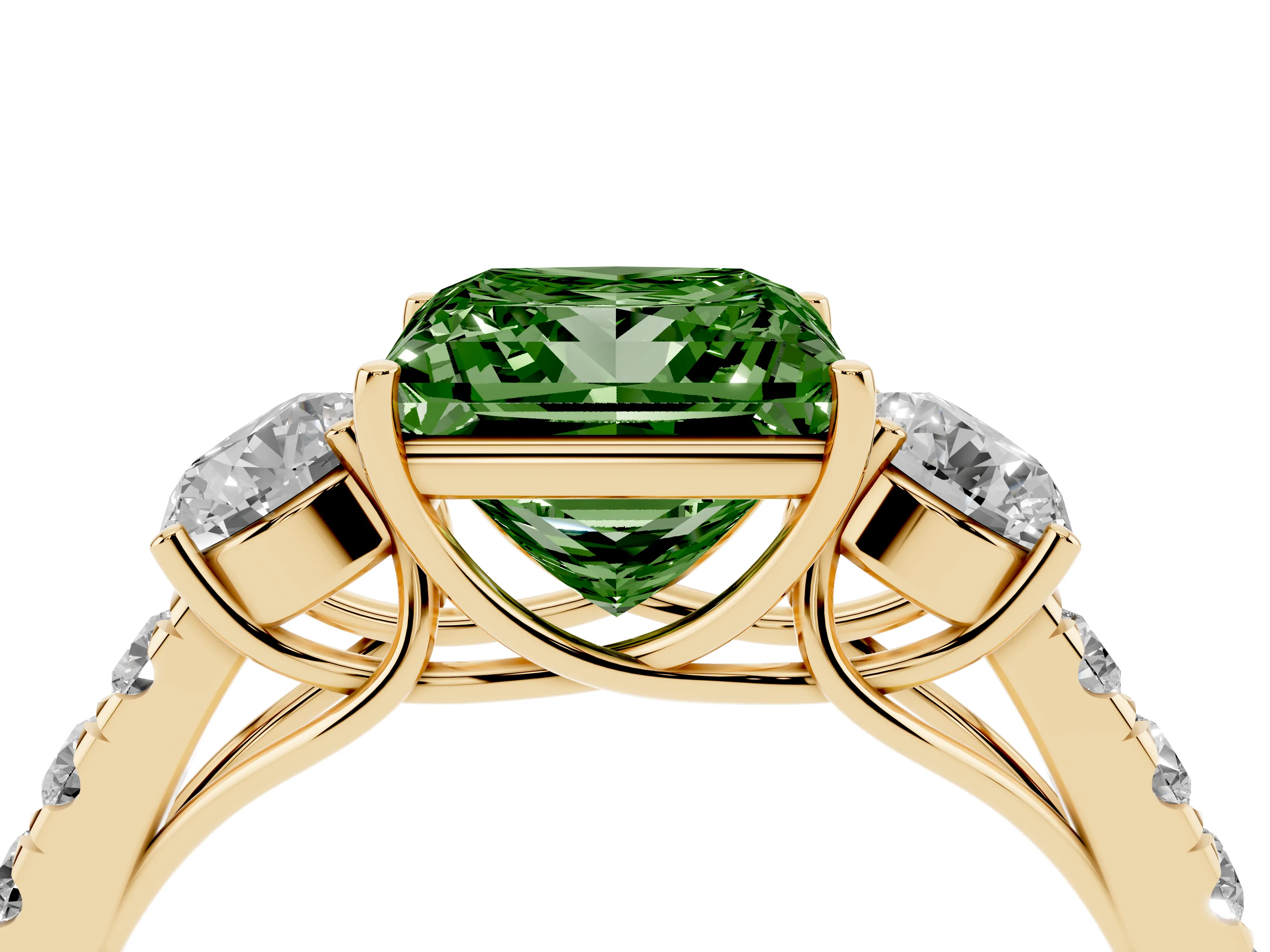 Fancy Green Princess Cut Diamond Three-Stone Ring Set in Yellow gold with Round Side Stones and Delicate Pavé Band