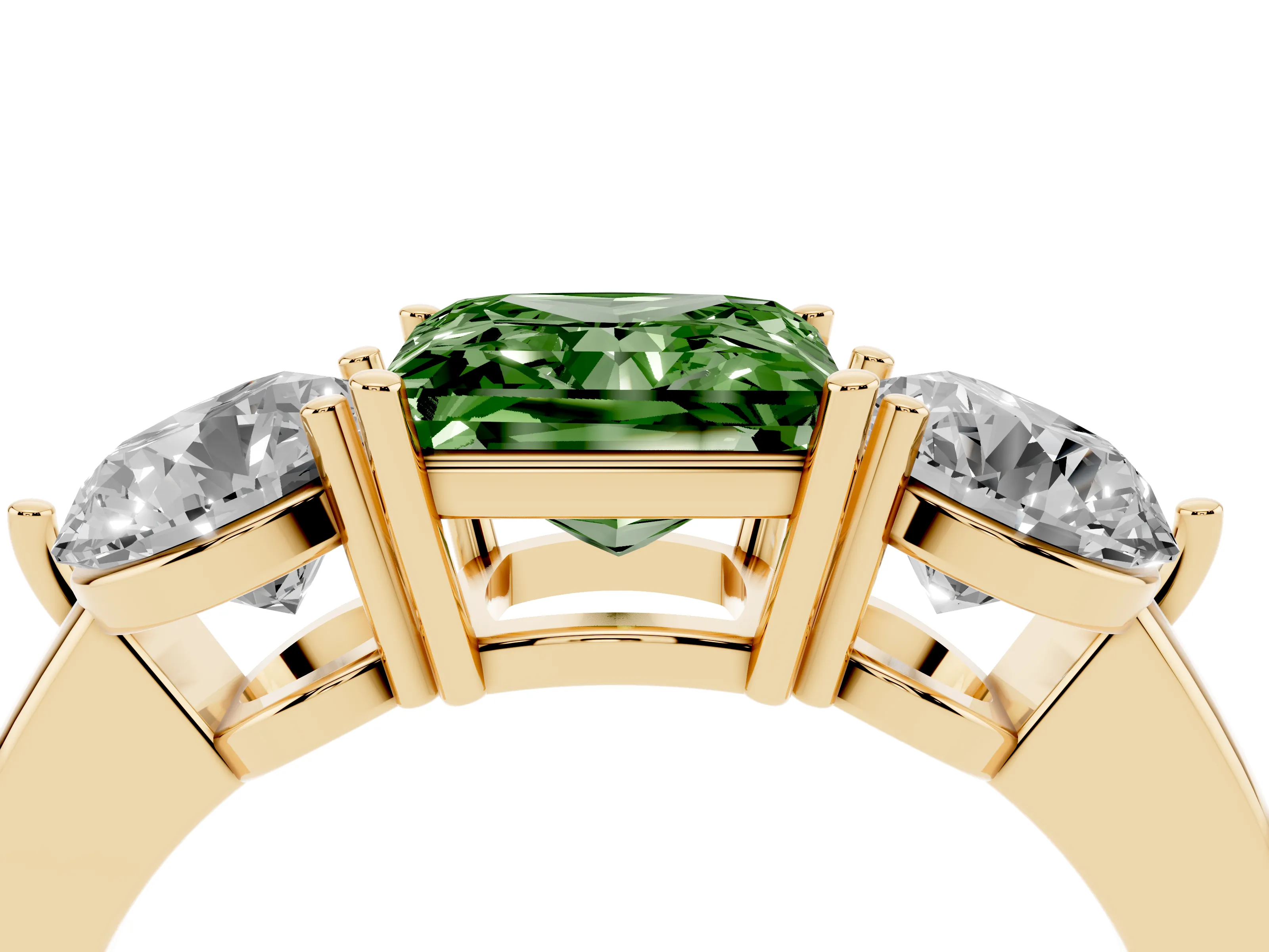 Fancy Green Princess Cut Diamond Three-Stone Ring Set in Yellow gold with Prong Setting and Plain Band