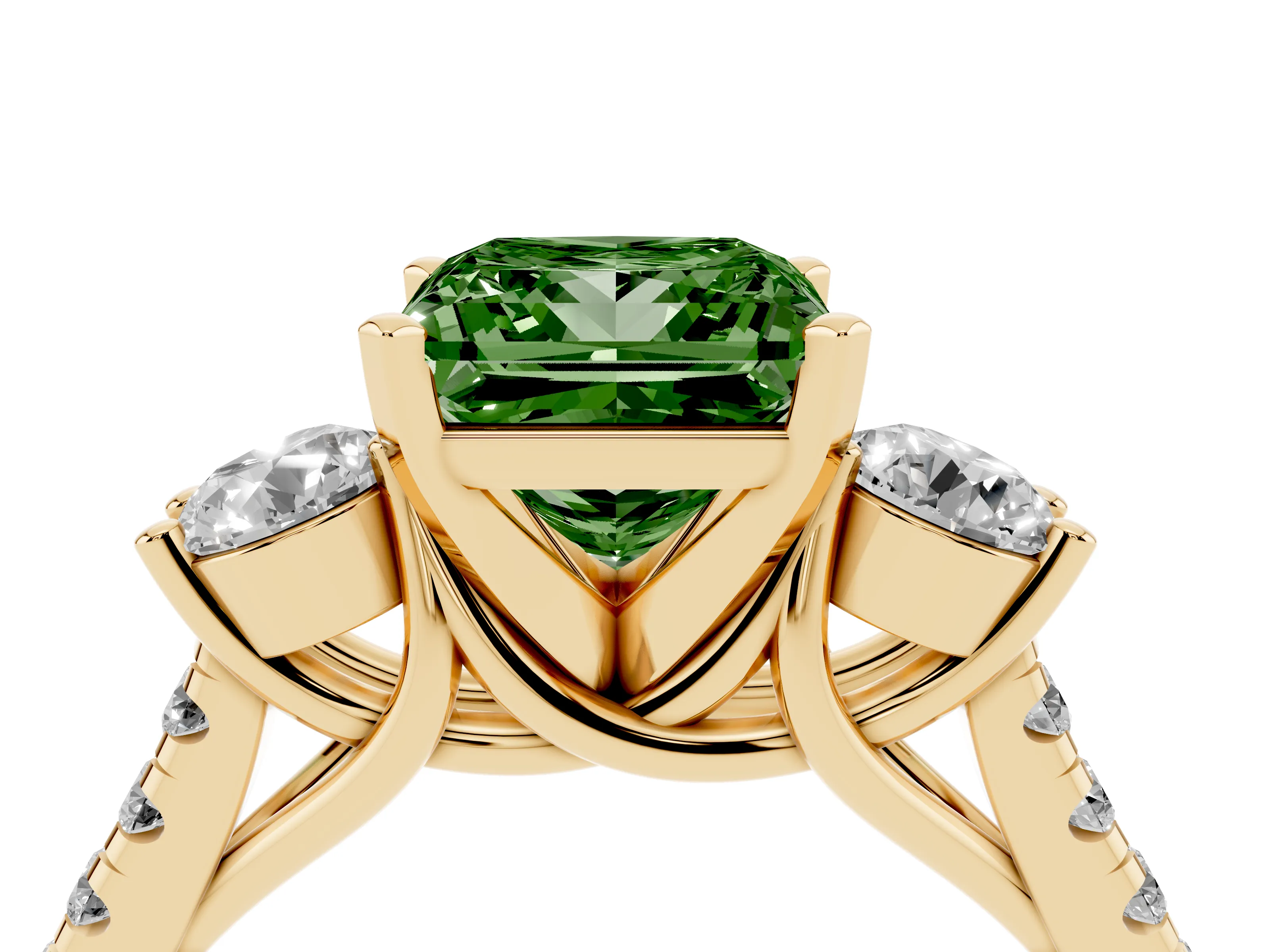 Fancy Green Three-Stone Princess Cut Diamond Pavé Band Ring Set in Yellow gold with Prong-Set Trio