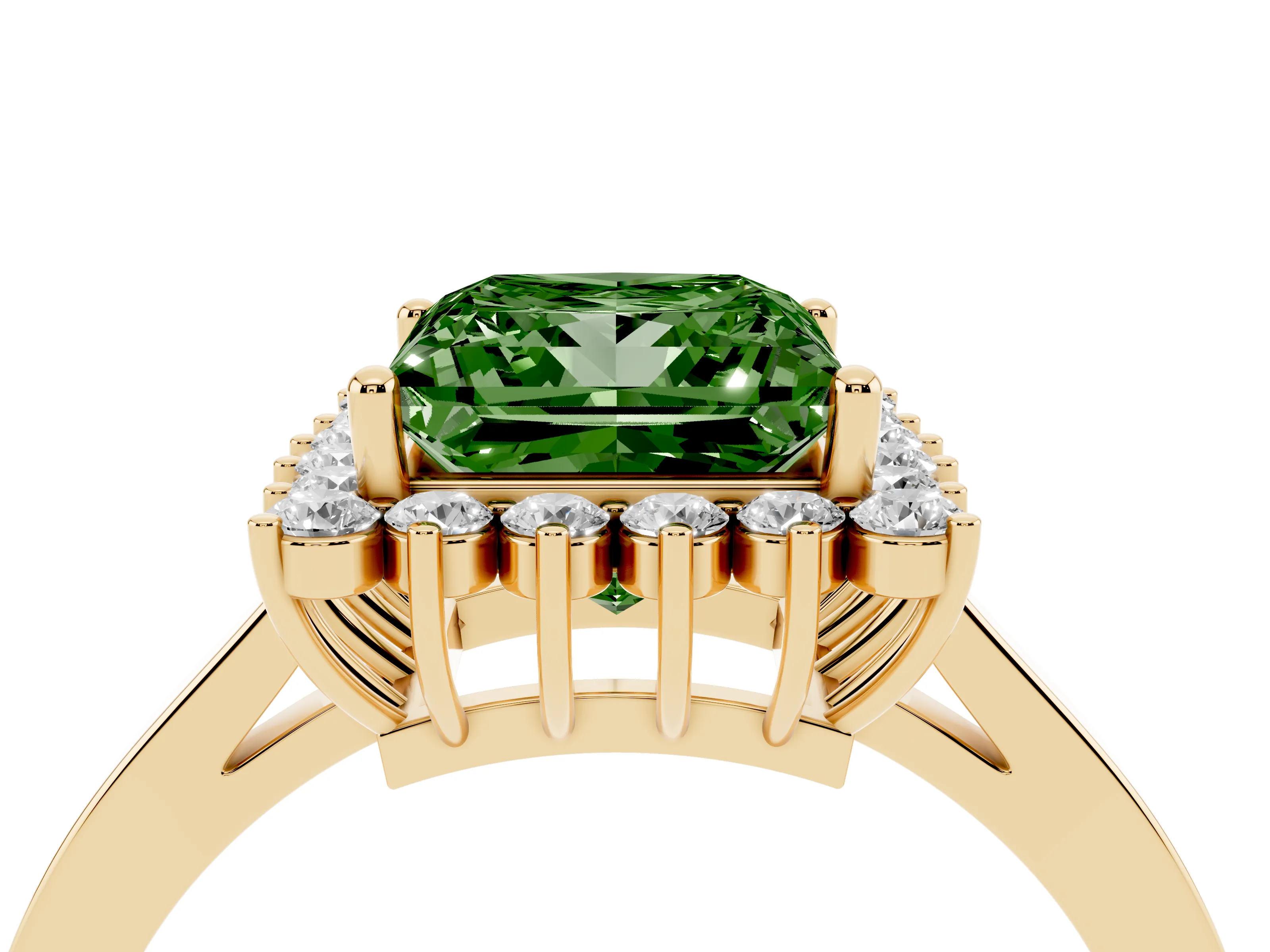 Fancy Green Princess Cut Diamond Halo Ring Set in Yellow gold with Round Halo and Smooth Solitaire Band