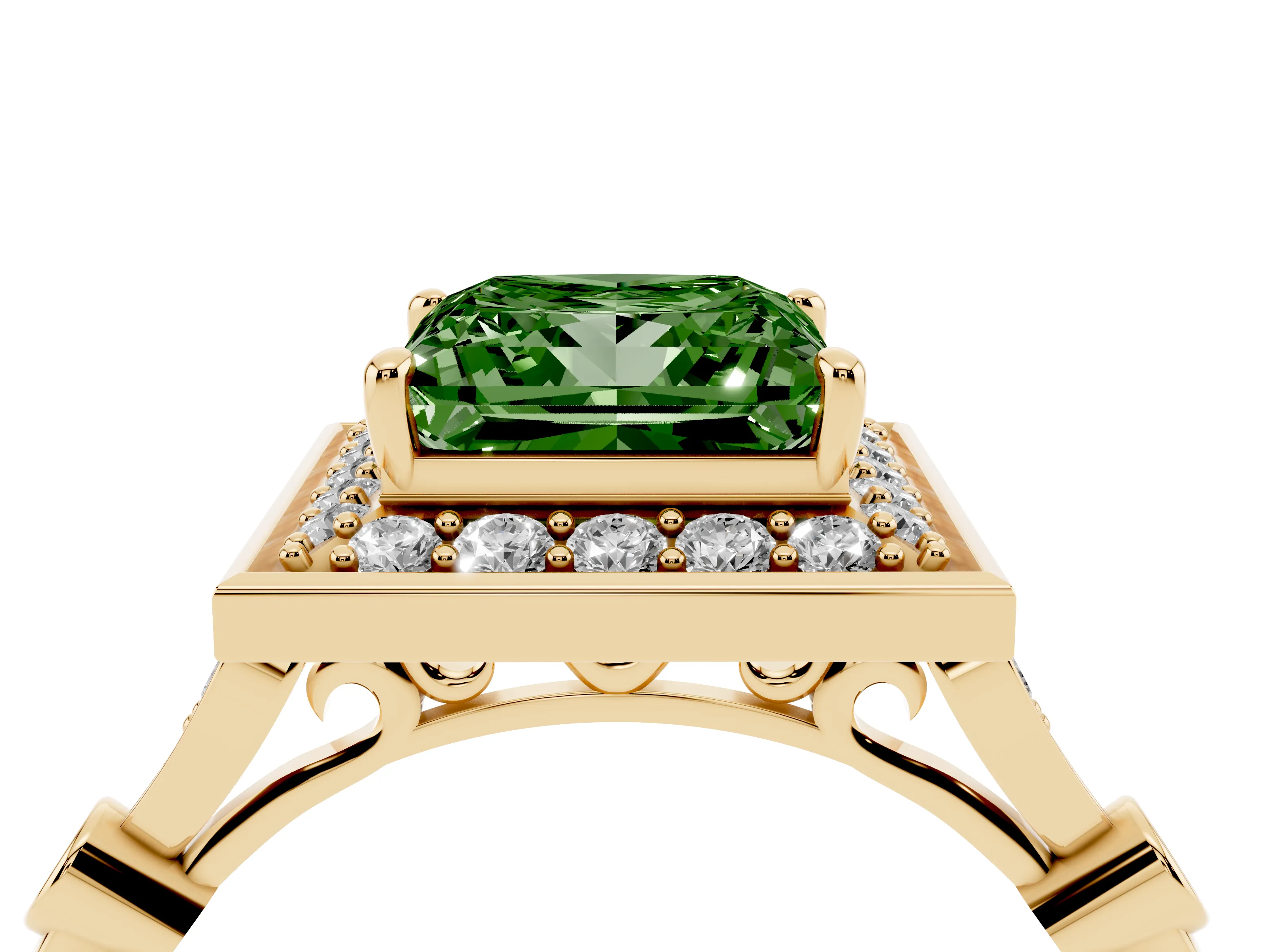 Fancy Green Princess Cut Diamond Halo Engagement Ring Set in Yellow gold with Twisted Band and Prong Setting