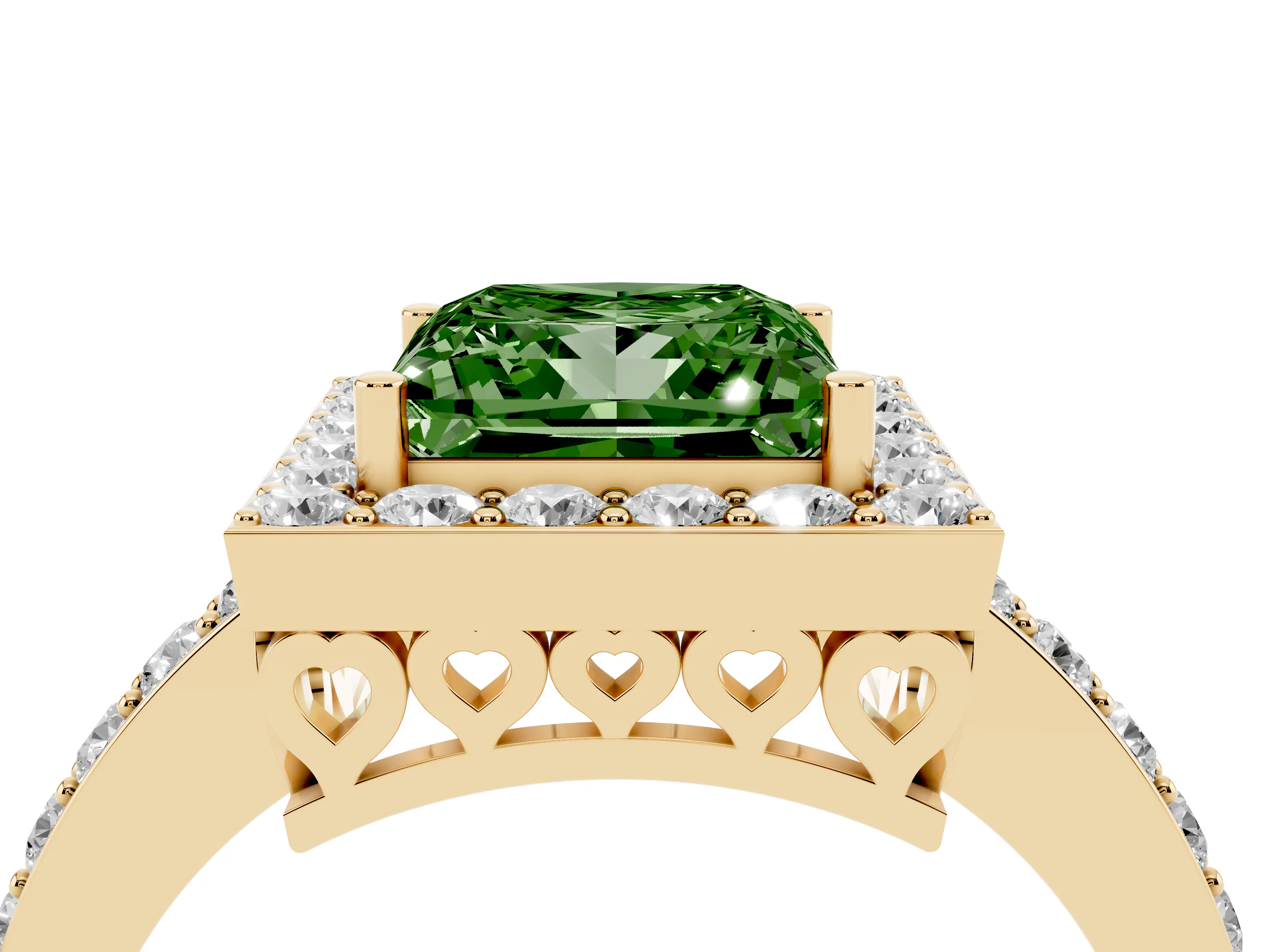 Fancy Green Princess Cut Diamond Halo Ring Set in Yellow gold with Pavé-Setting Band and Open Prong Center
