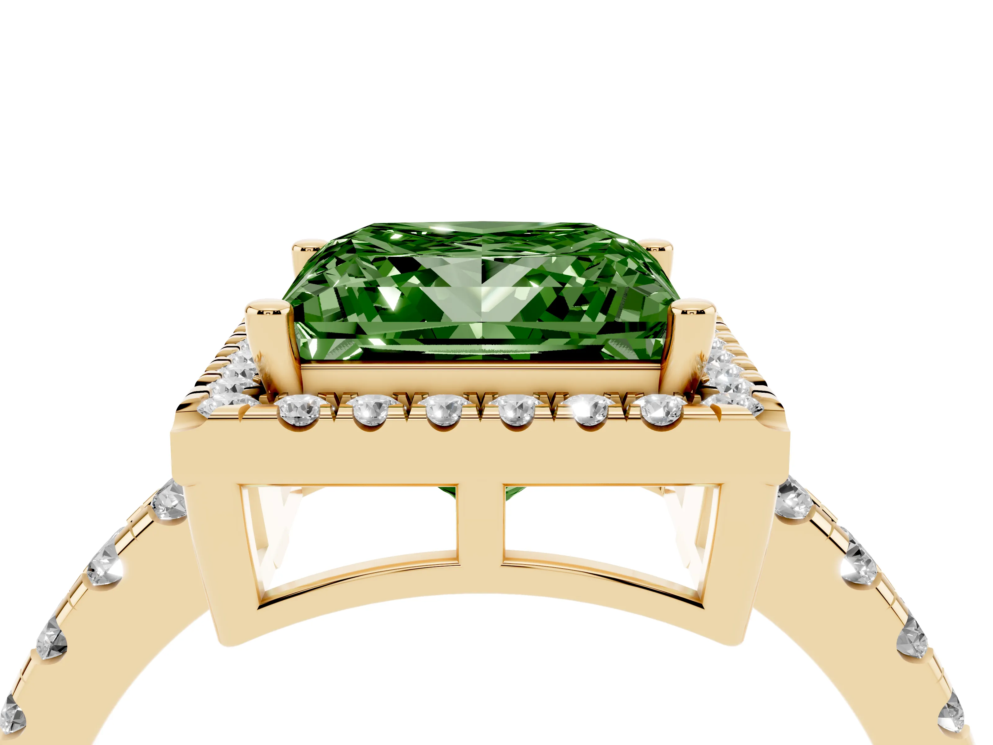 Fancy Green Princess Cut Diamond Halo Ring Set in Yellow gold with Delicate Pavé Band and Prong Setting