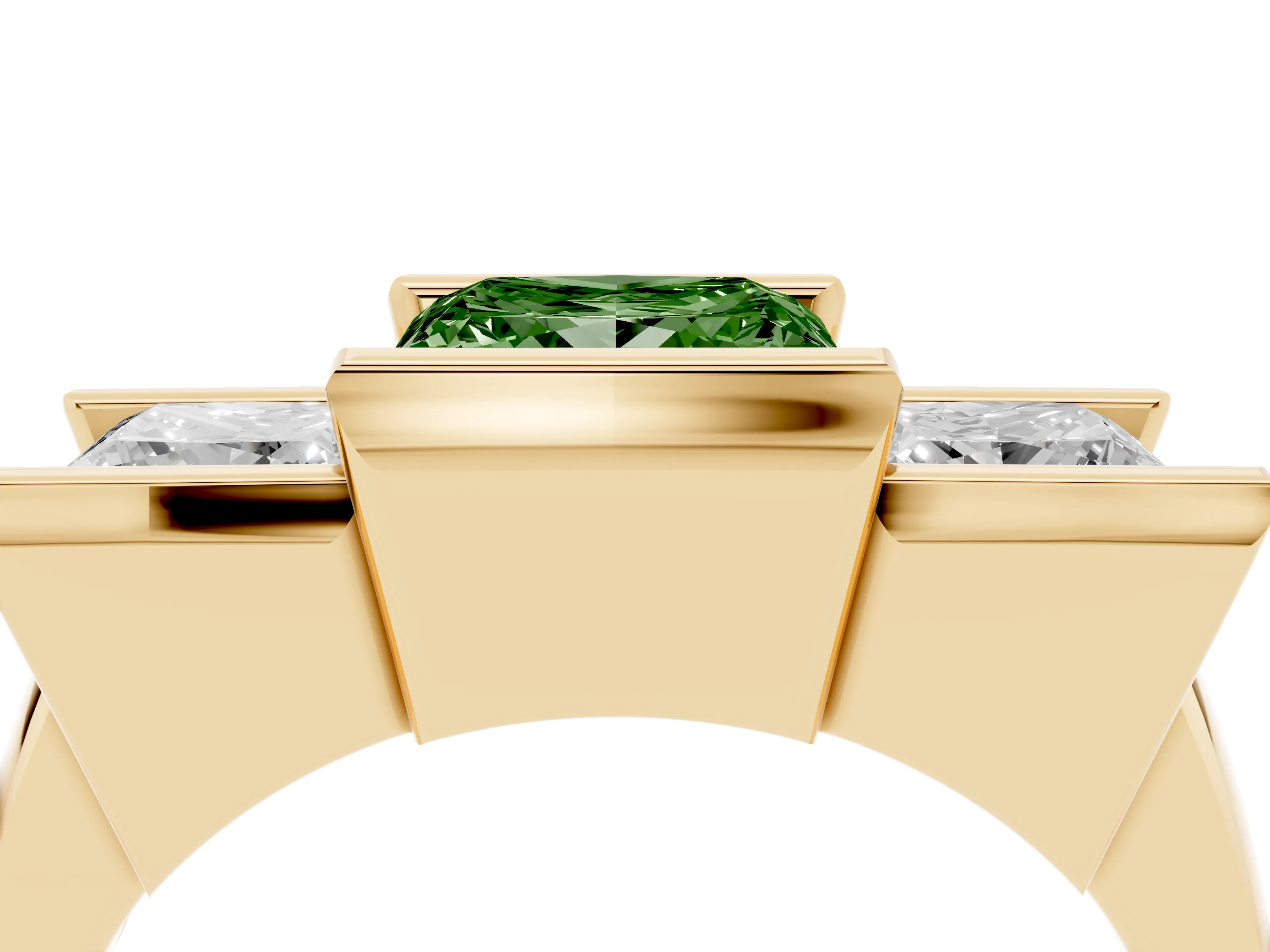Fancy Green Princess Cut Diamond Three-Stone Channel Set Ring Set in Yellow gold with Smooth Polished Band