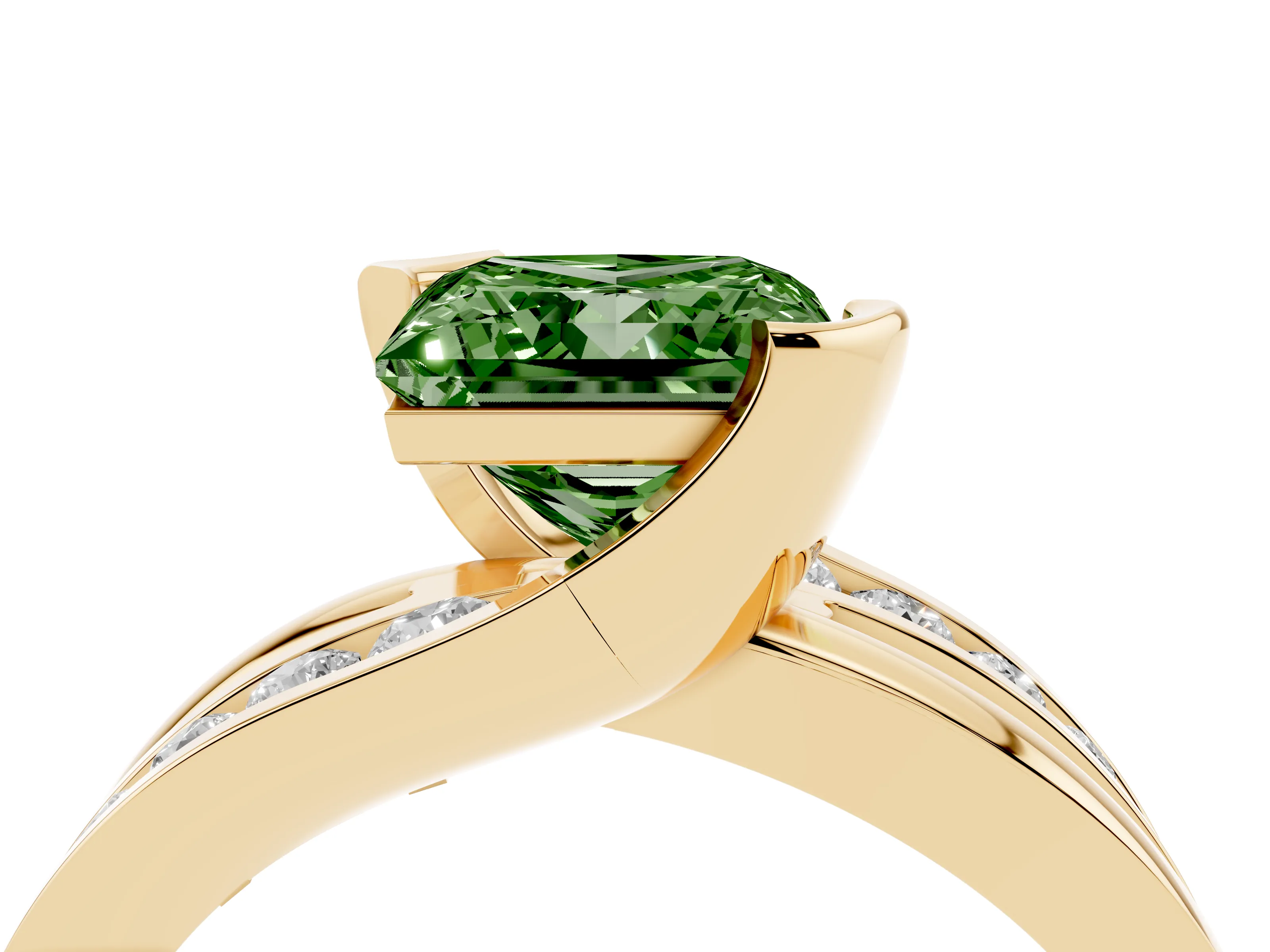 Fancy Green Princess Cut Diamond Solitaire Ring Set in Yellow gold with Channel Set Split Shank and Tension Prongs