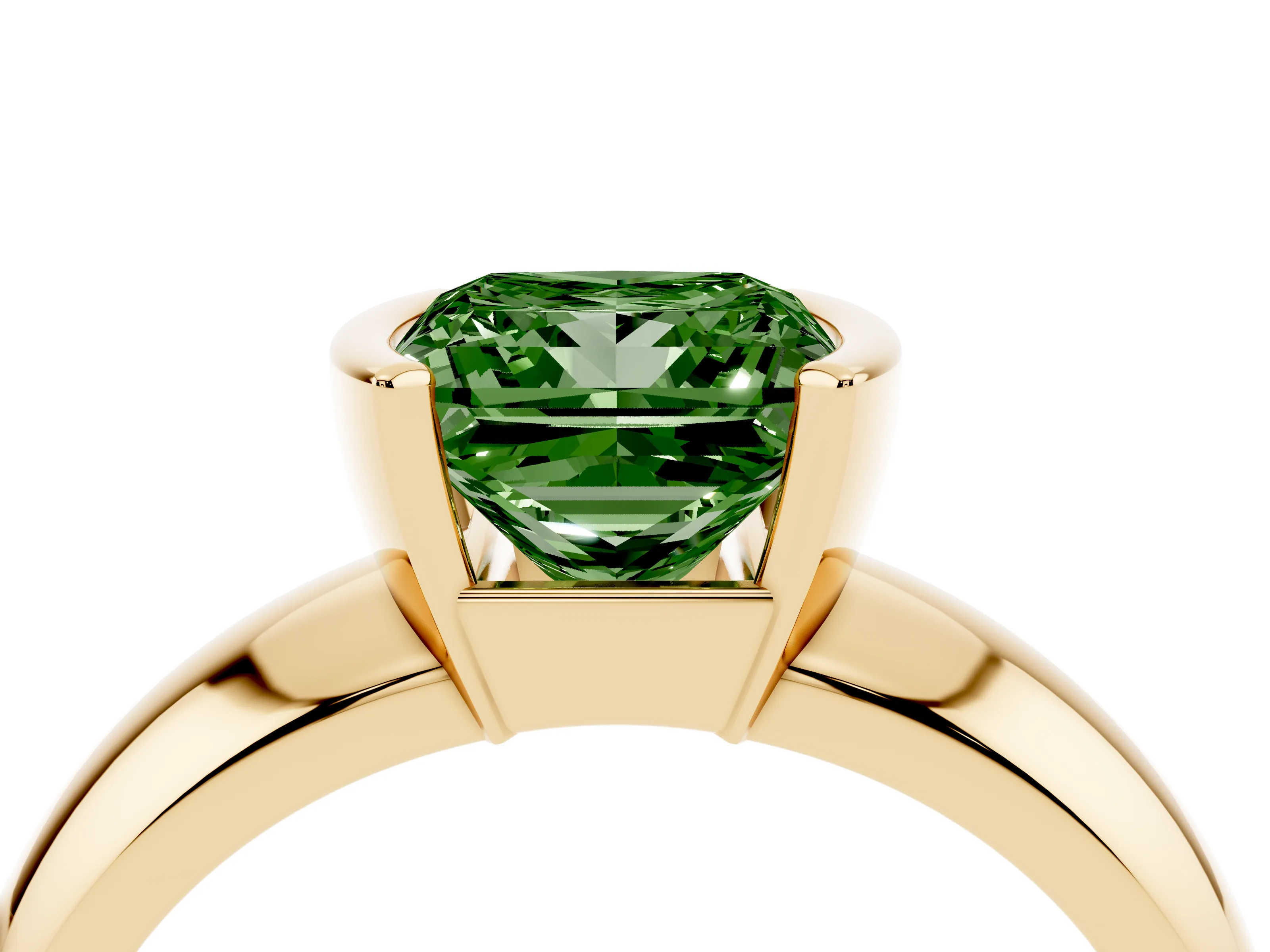 Fancy Green Princess Cut Diamond Solitaire Tension Set Ring Set in Yellow gold with Wide Band
