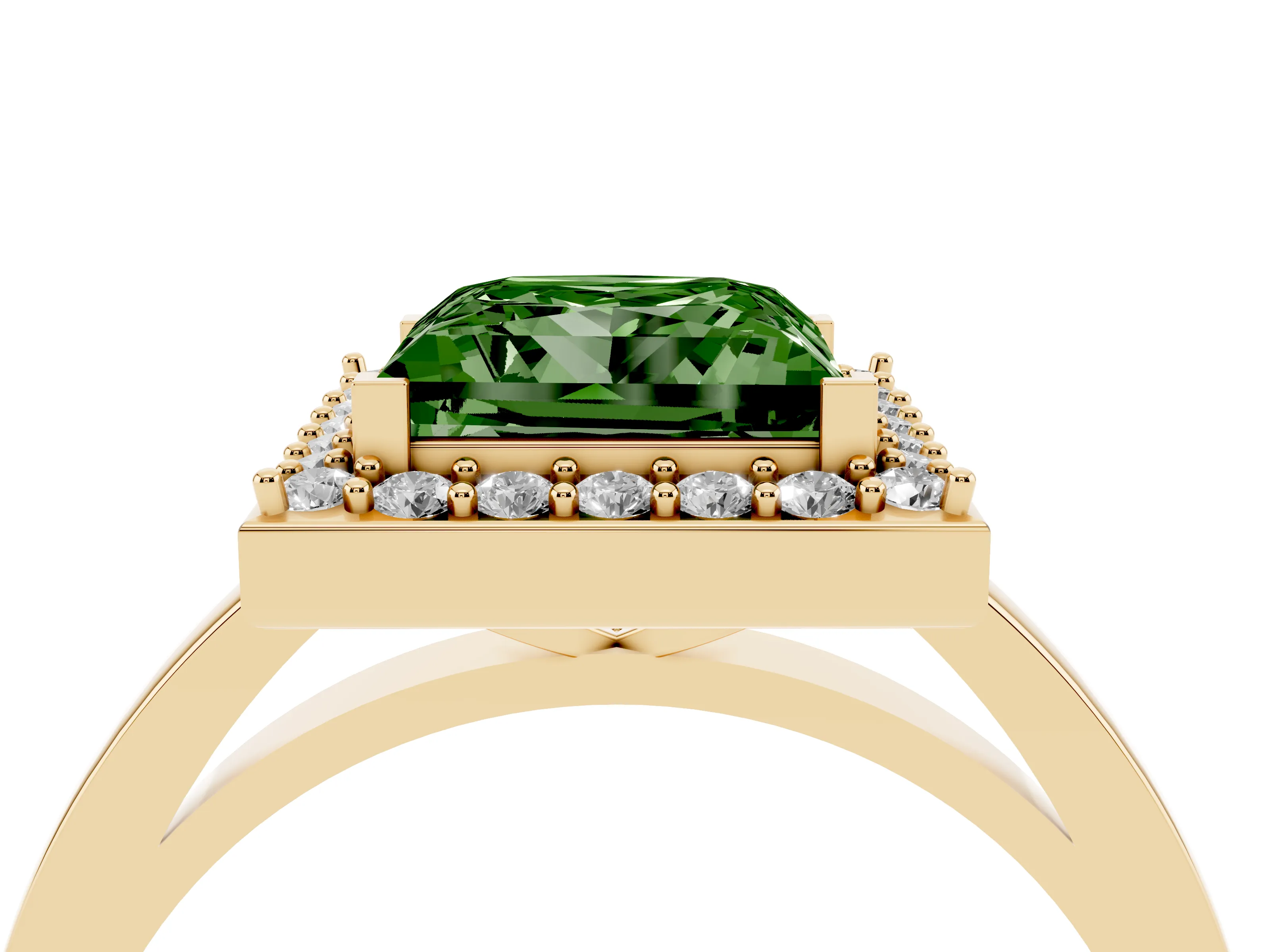 Fancy Green Princess Cut Diamond Halo Ring Set in Yellow gold with Solitaire Band and Prong Setting