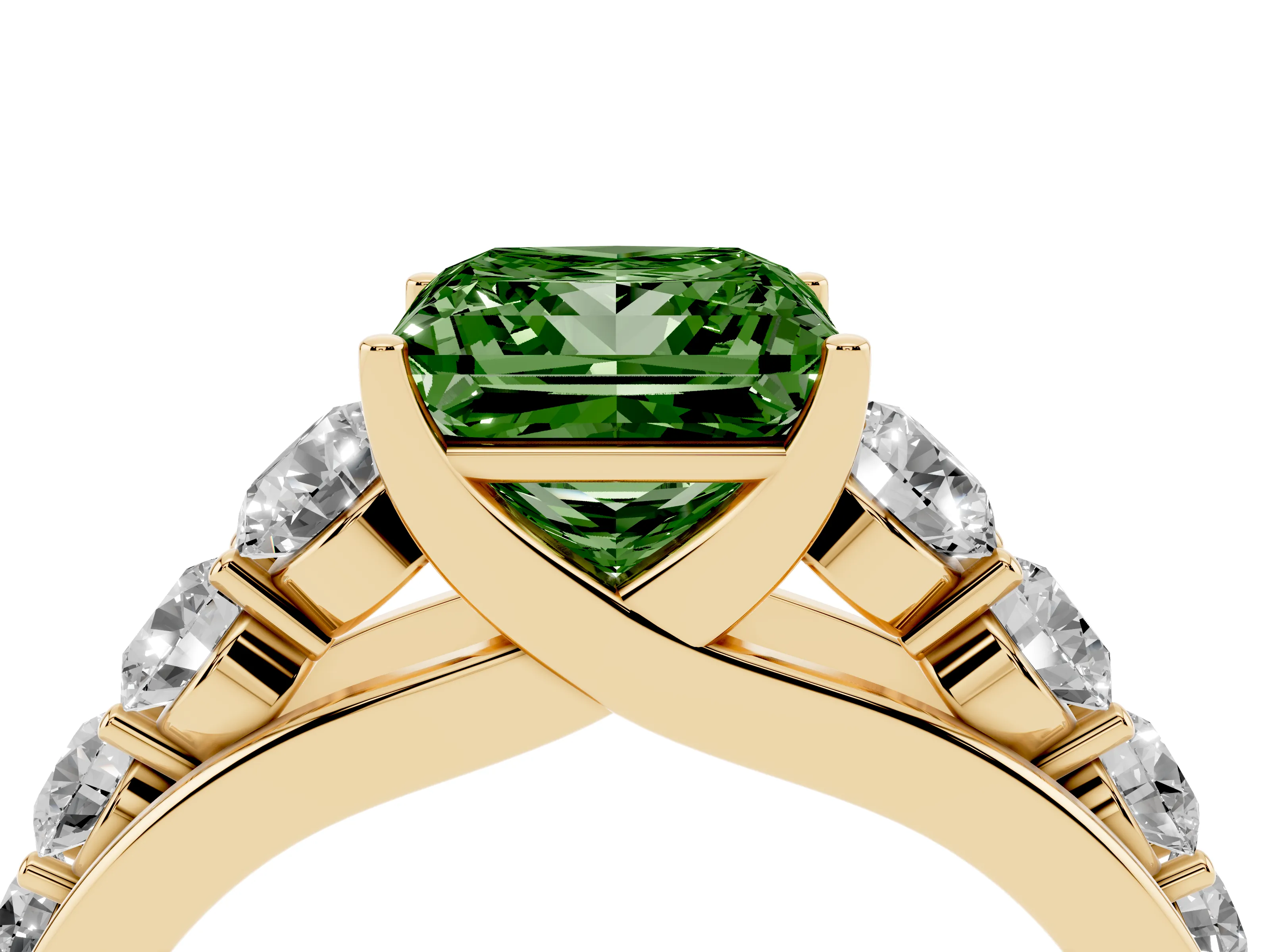 Fancy Green Princess Cut Diamond Solitaire Ring Set in Yellow gold with Pavé-Set Band and Prong Setting