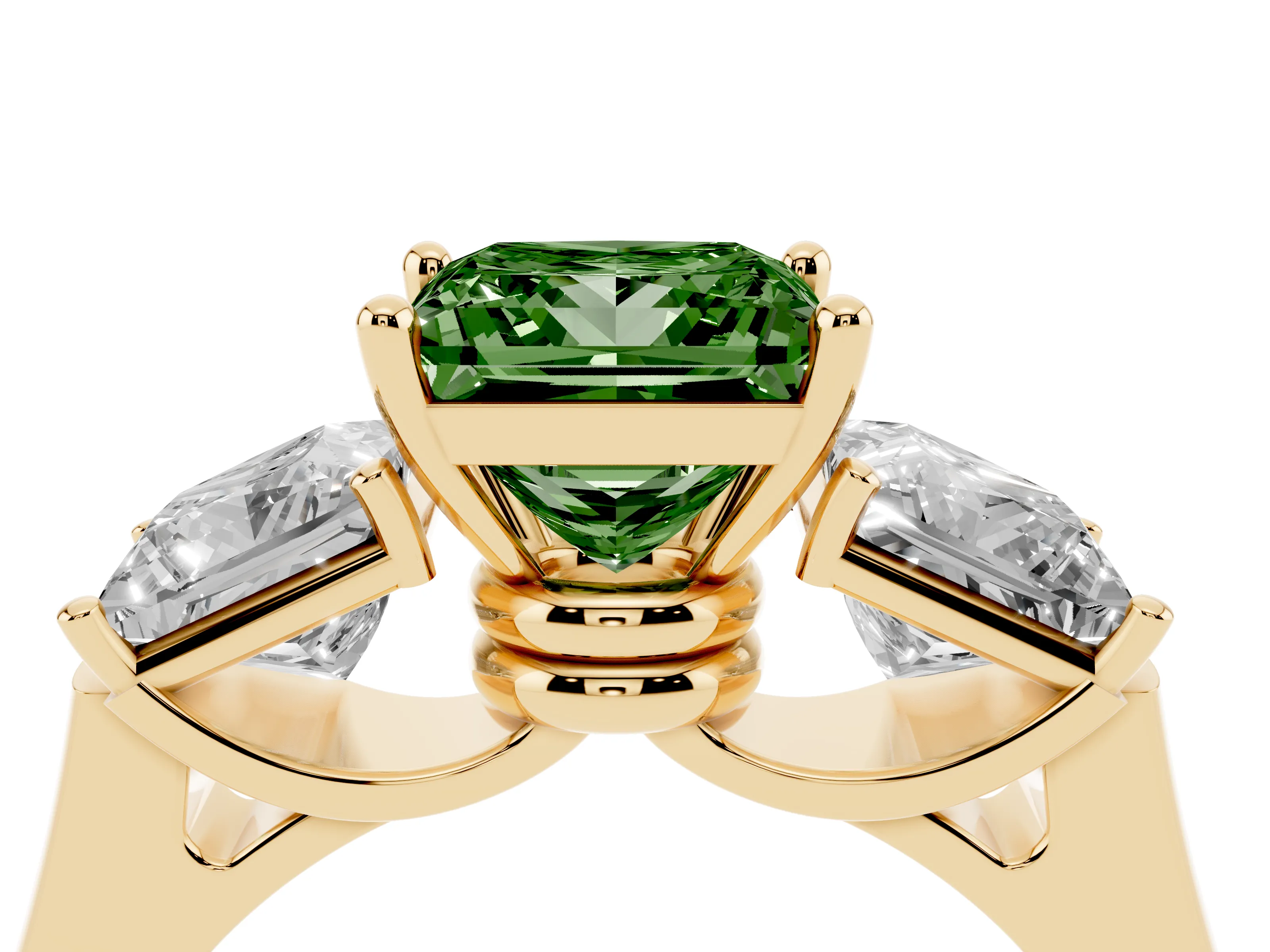 Fancy Green Princess Cut Diamond Three-Stone Trellis Ring Set in Yellow gold with Comfort Fit Band