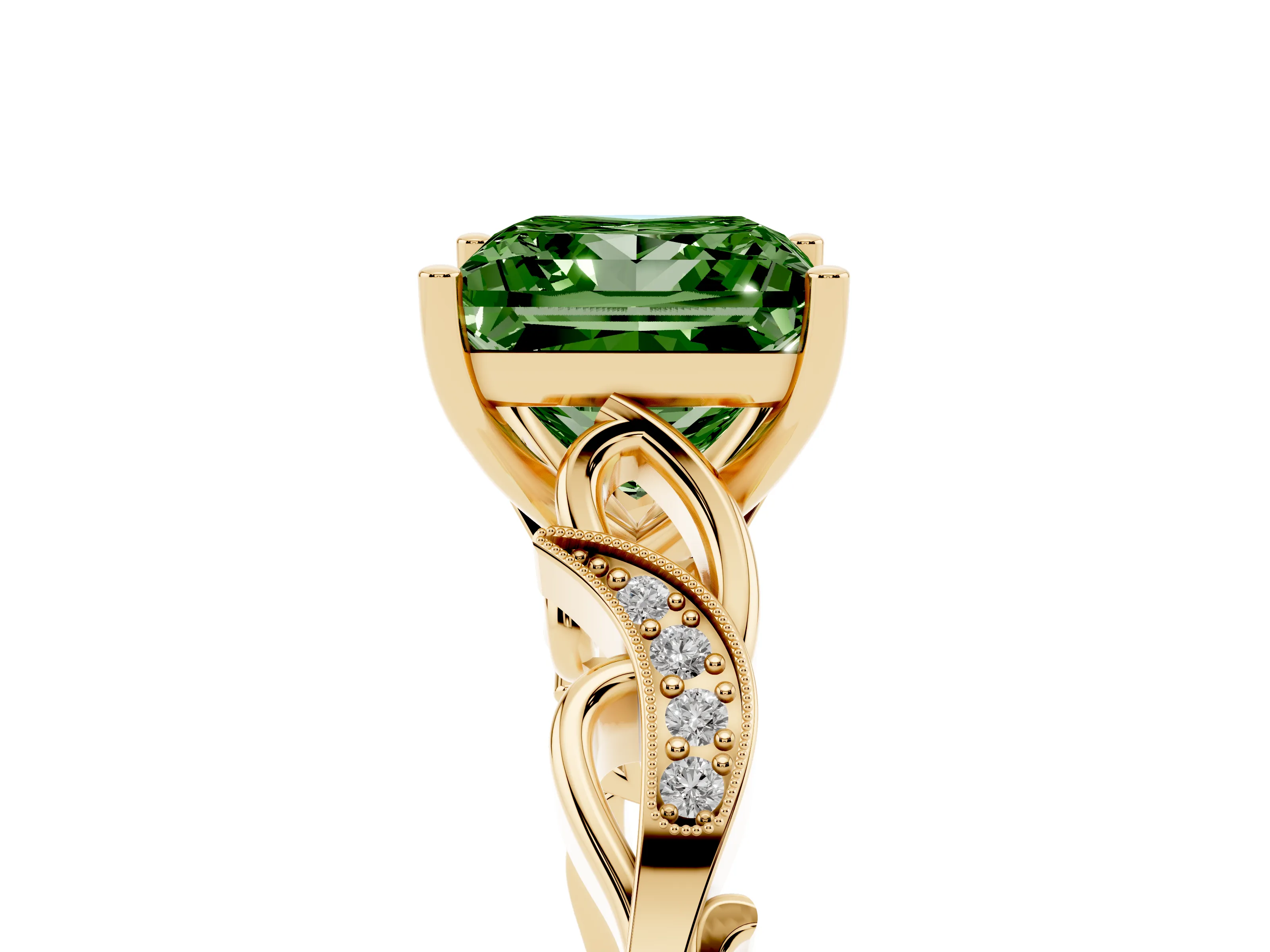 Fancy Green Princess Cut Diamond Vine Band Solitaire Ring Set in Yellow gold with Milgrain Prong Setting