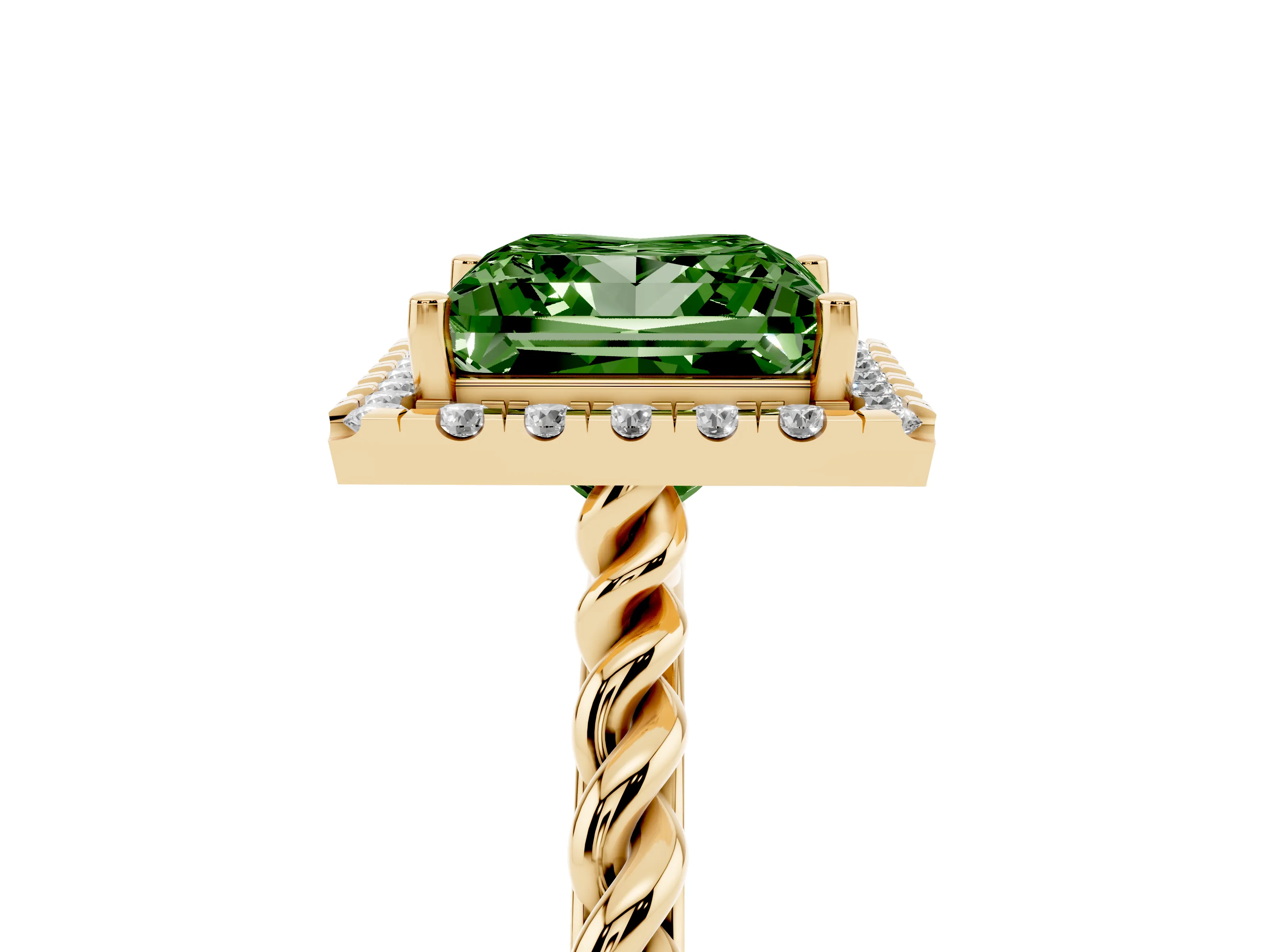 Fancy Green Princess Cut Diamond Halo Ring Set in Yellow gold with Plain Twisted Band
