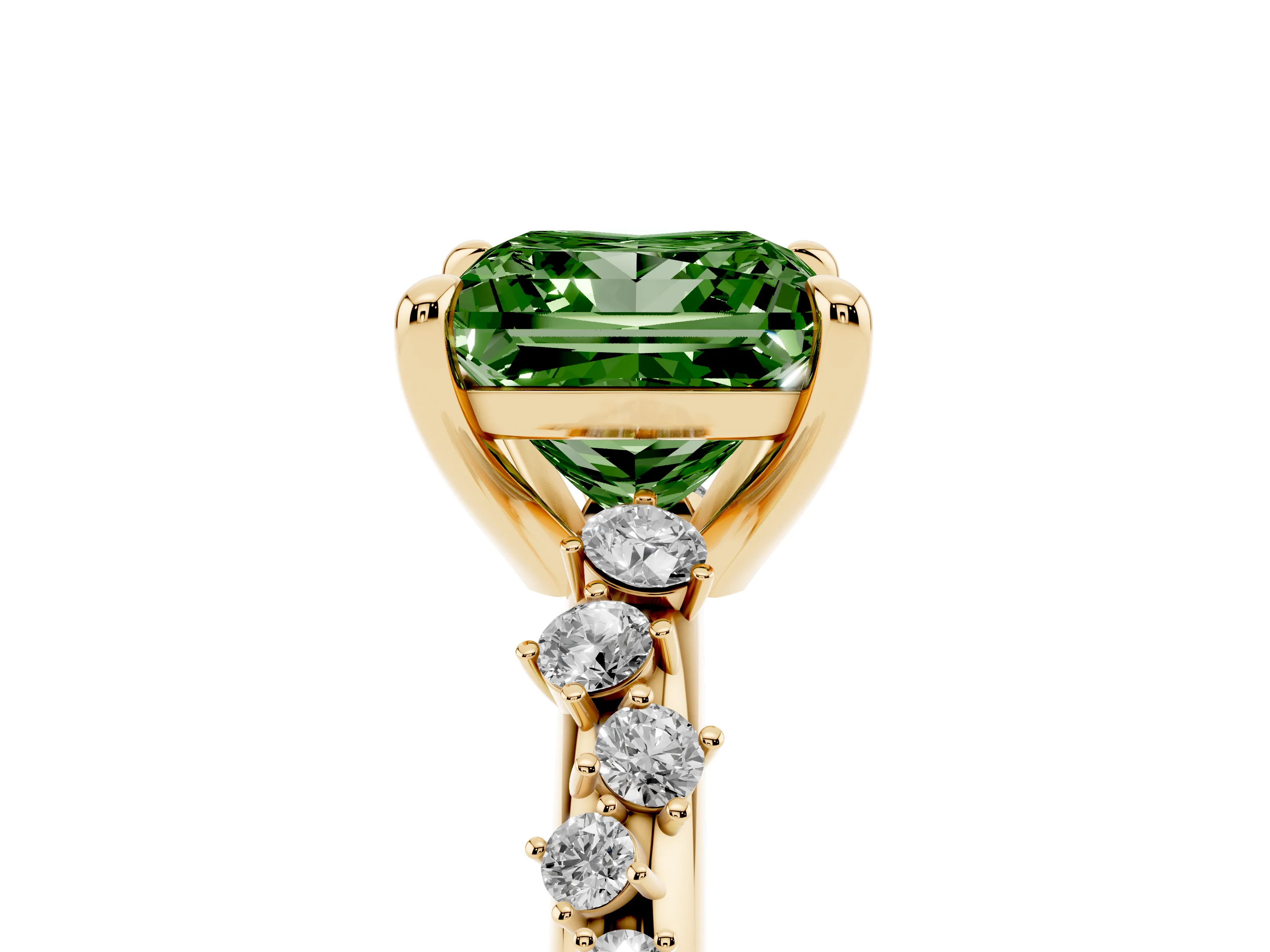 Fancy Green Princess Cut Diamond Solitaire Vine Band Ring Set in Yellow gold with Round Accents and Prong Setting