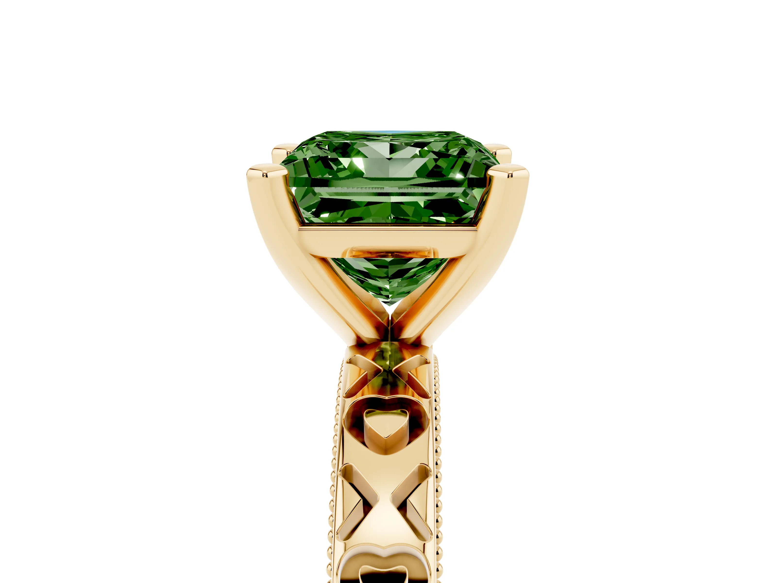 Fancy Green Princess Cut Diamond Solitaire Engagement Ring Set in Yellow gold with XO Engraved Band and Prong Setting