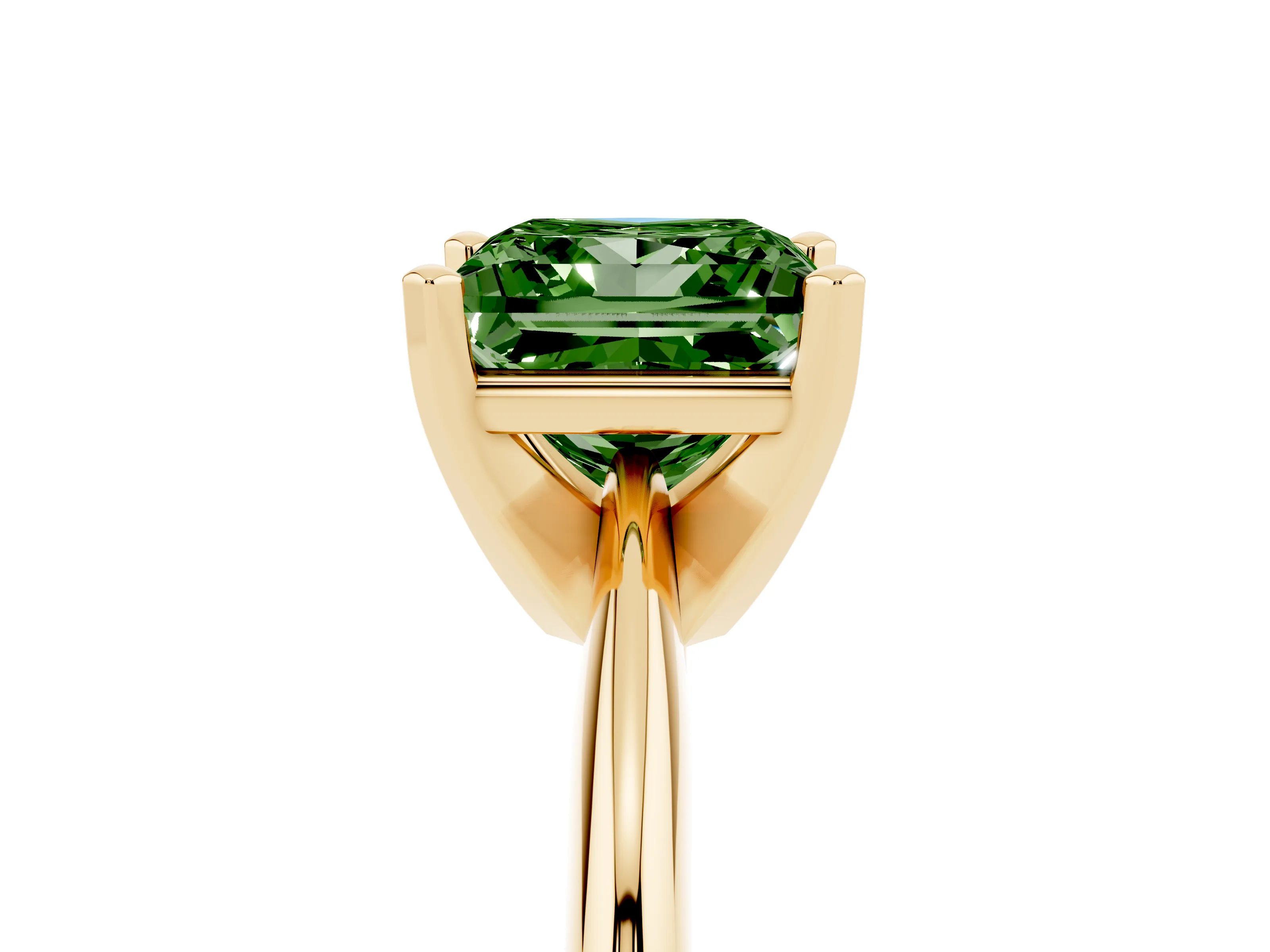 Fancy Green Princess Cut Diamond Solitaire Ring Set in Yellow gold with Prong Setting on a Plain Round Band