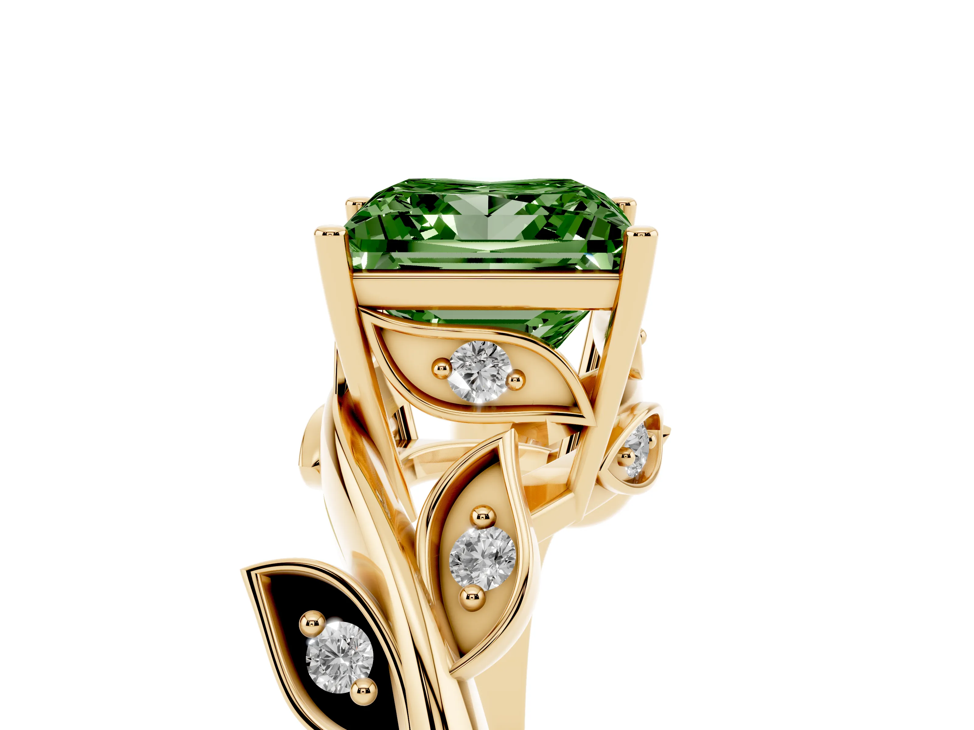 Fancy Green Princess Cut Diamond Solitaire Twist Engagement Ring Set in Yellow gold with Pavé Leaf Accents
