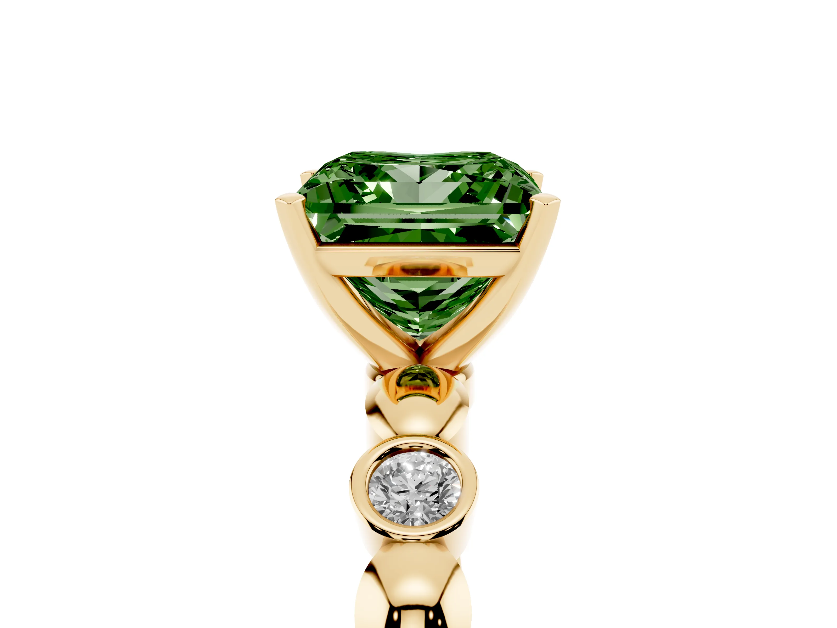 Fancy Green Princess Cut Diamond Solitaire Ring Set in Yellow gold with Bezel-Set Accents on Beaded Band and Prong Setting