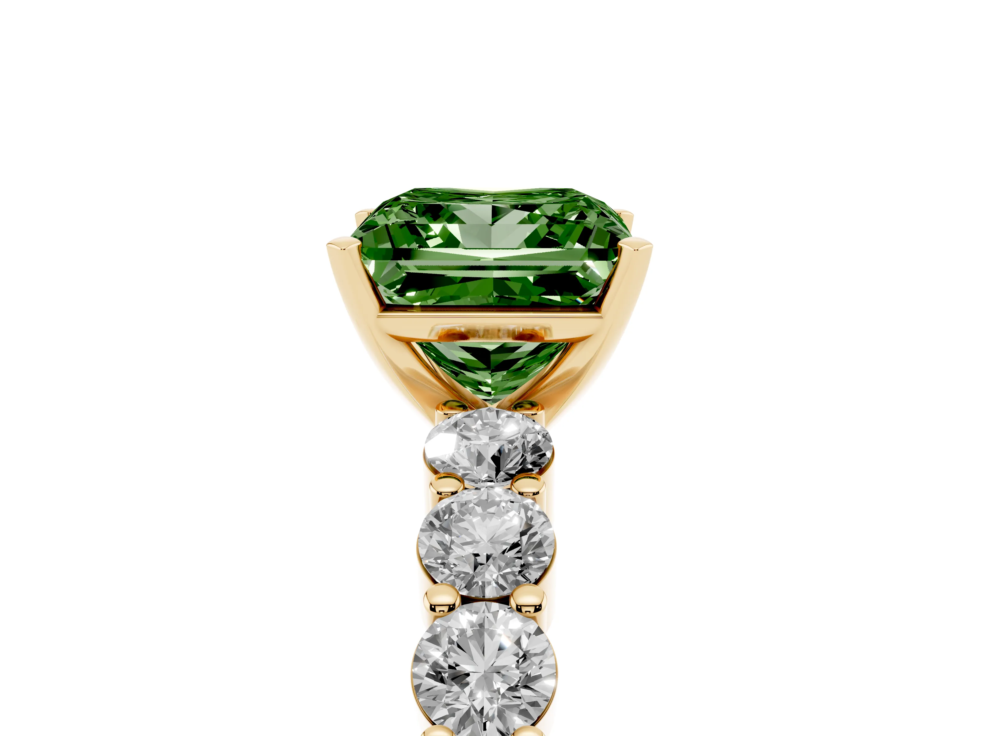 Fancy Green Princess Cut Diamond Solitaire Ring Set in Yellow gold with Shared Prong Round Side Stones