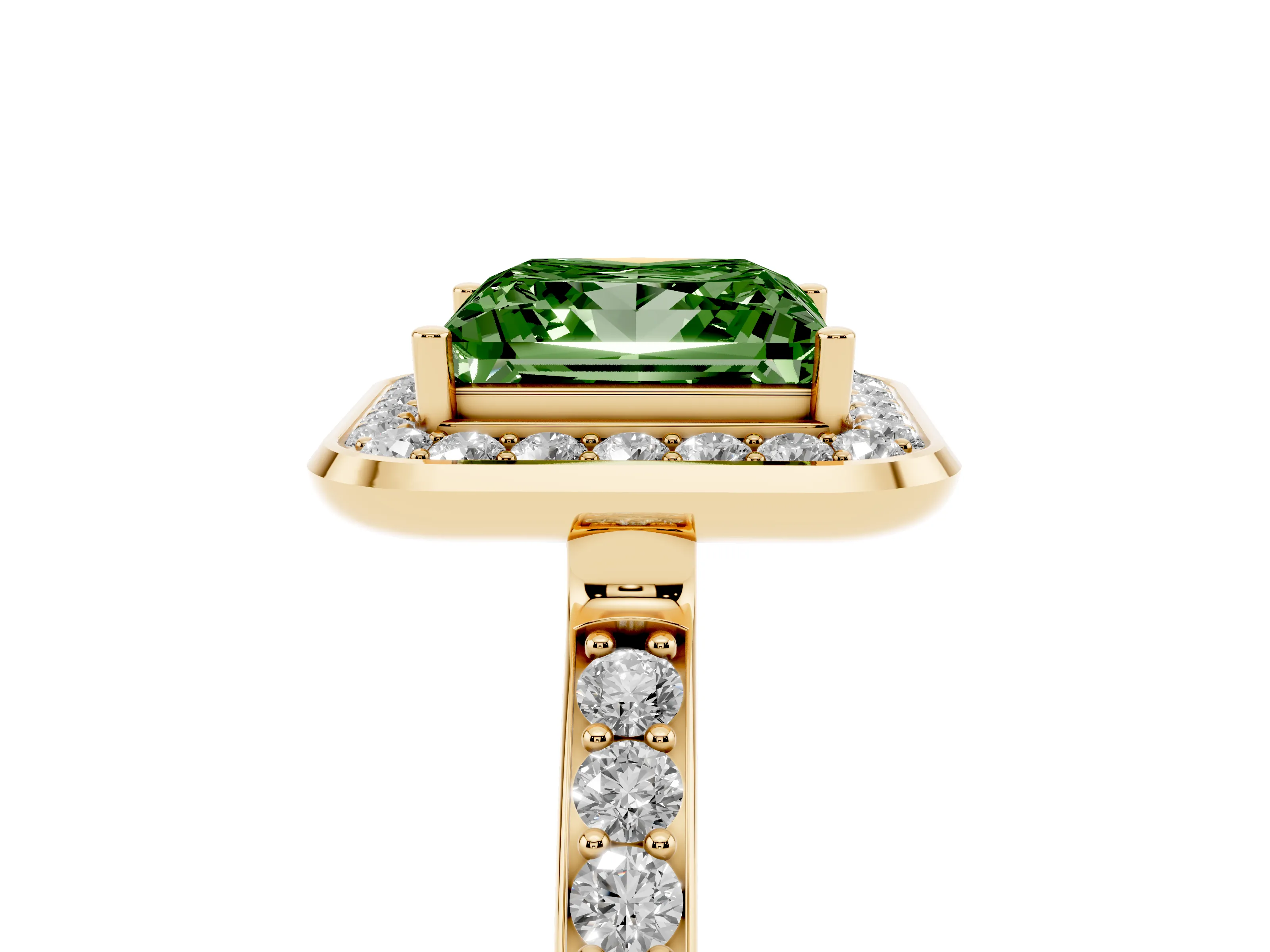 Fancy Green Princess Cut Diamond Halo Ring Set in Yellow gold with Bezel Frame and Pavé Band