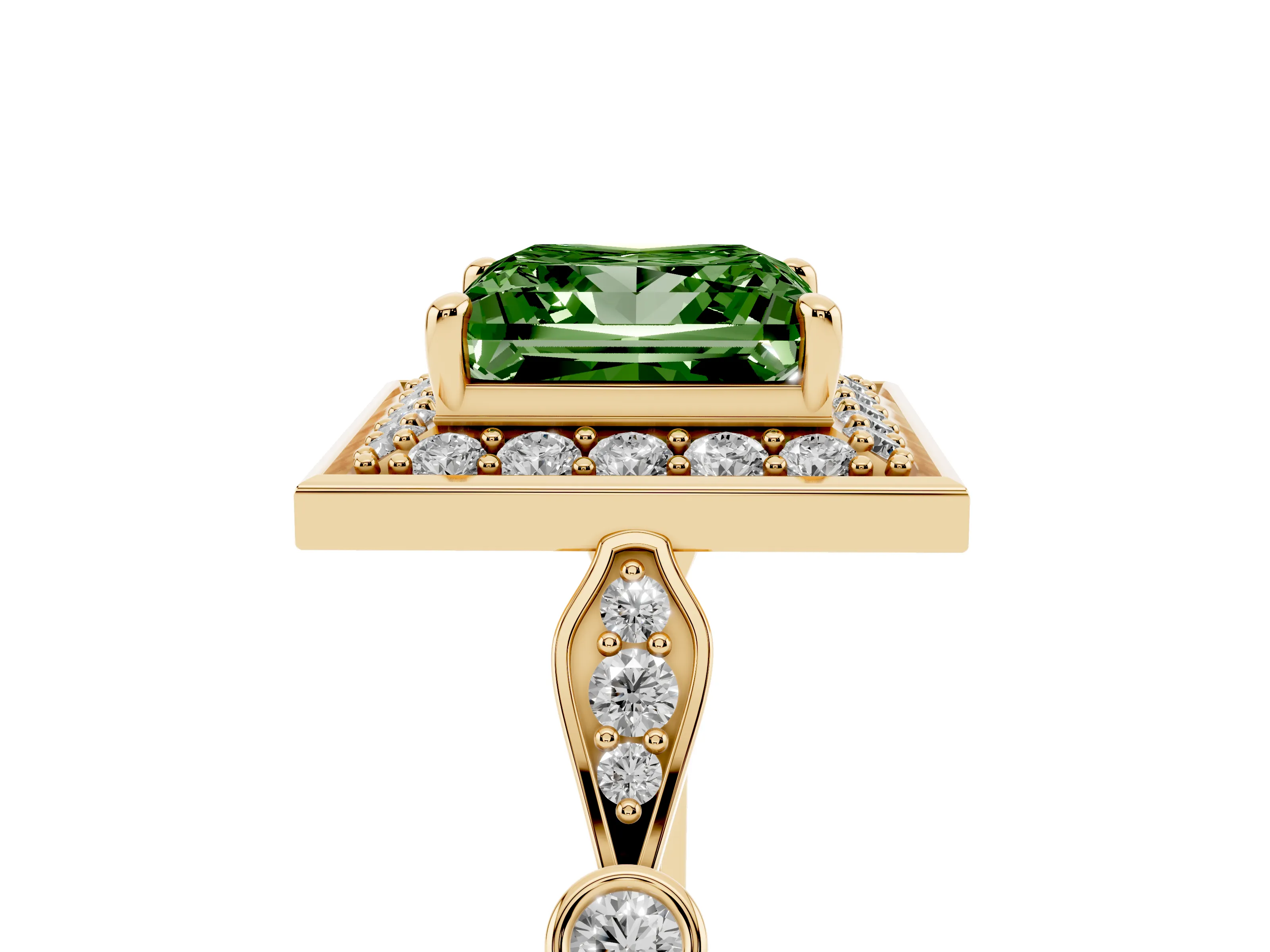 Fancy Green Princess Cut Diamond Halo Engagement Ring Set in Yellow gold with Twisted Band and Prong Setting