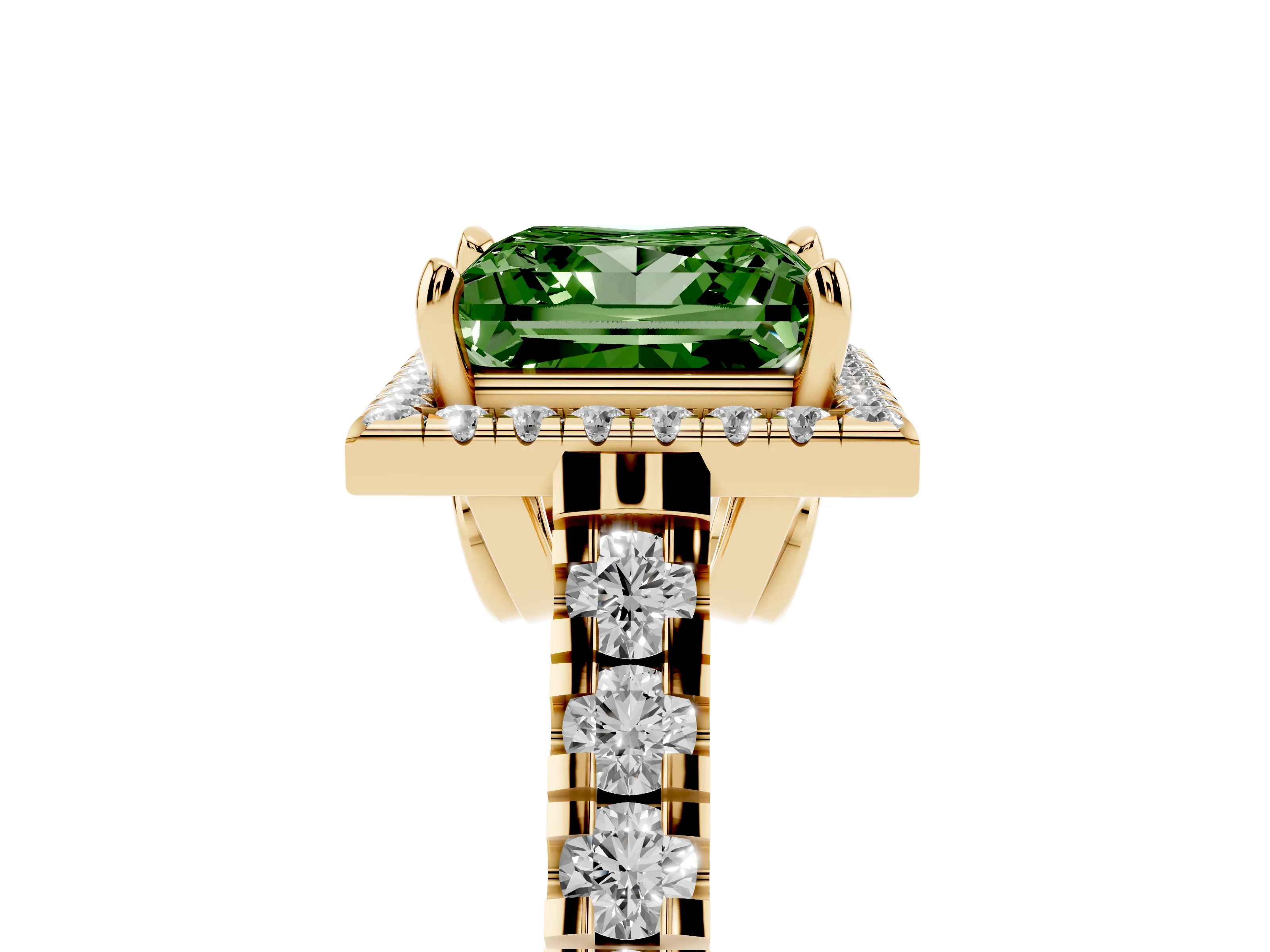 Fancy Green Princess Cut Diamond Halo Engagement Ring Set in Yellow gold with Pavé Band and Prong-Set Center