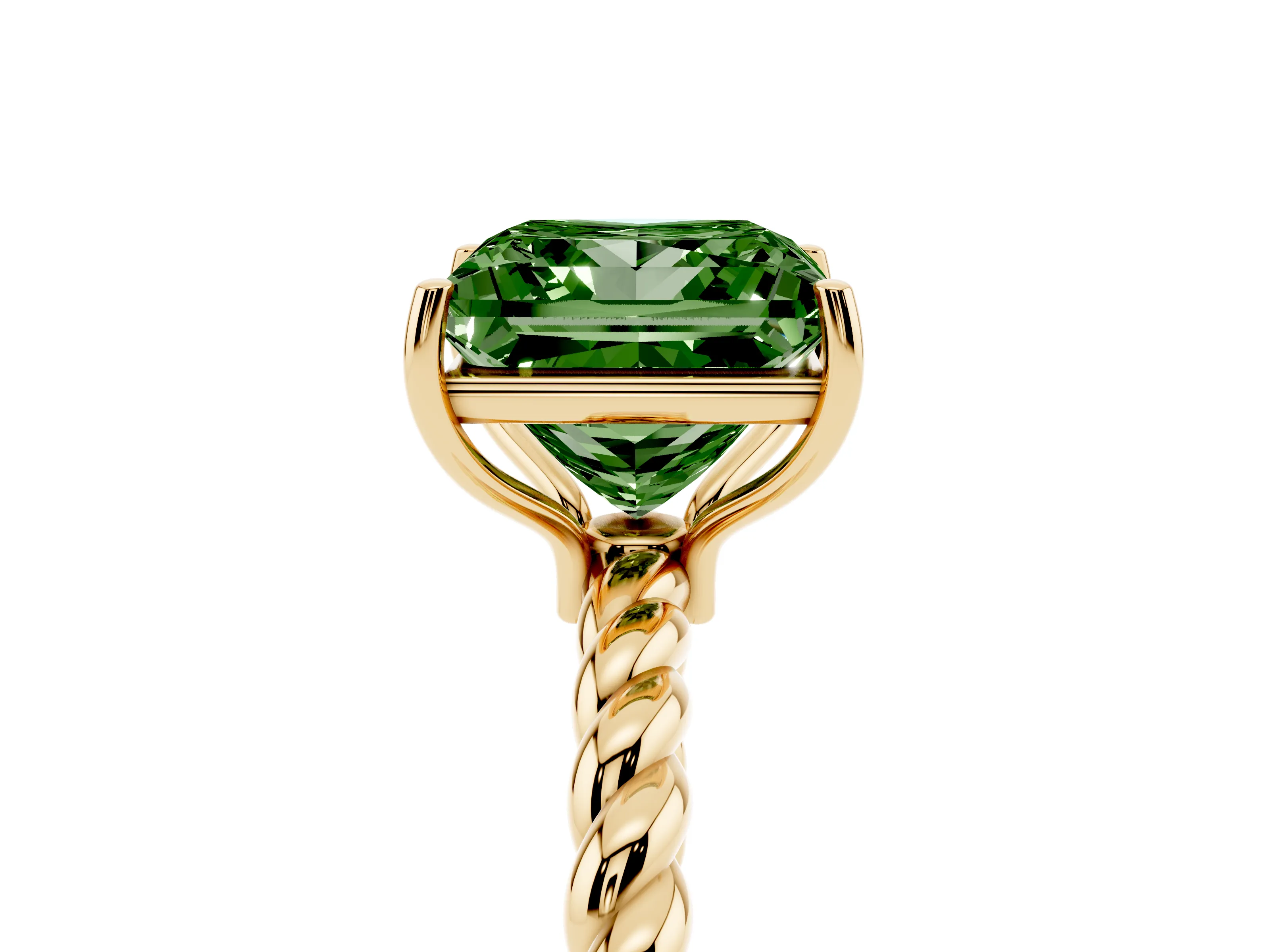 Fancy Green Princess Cut Diamond Solitaire Ring Set in Yellow gold with Twist Band and Prong Setting