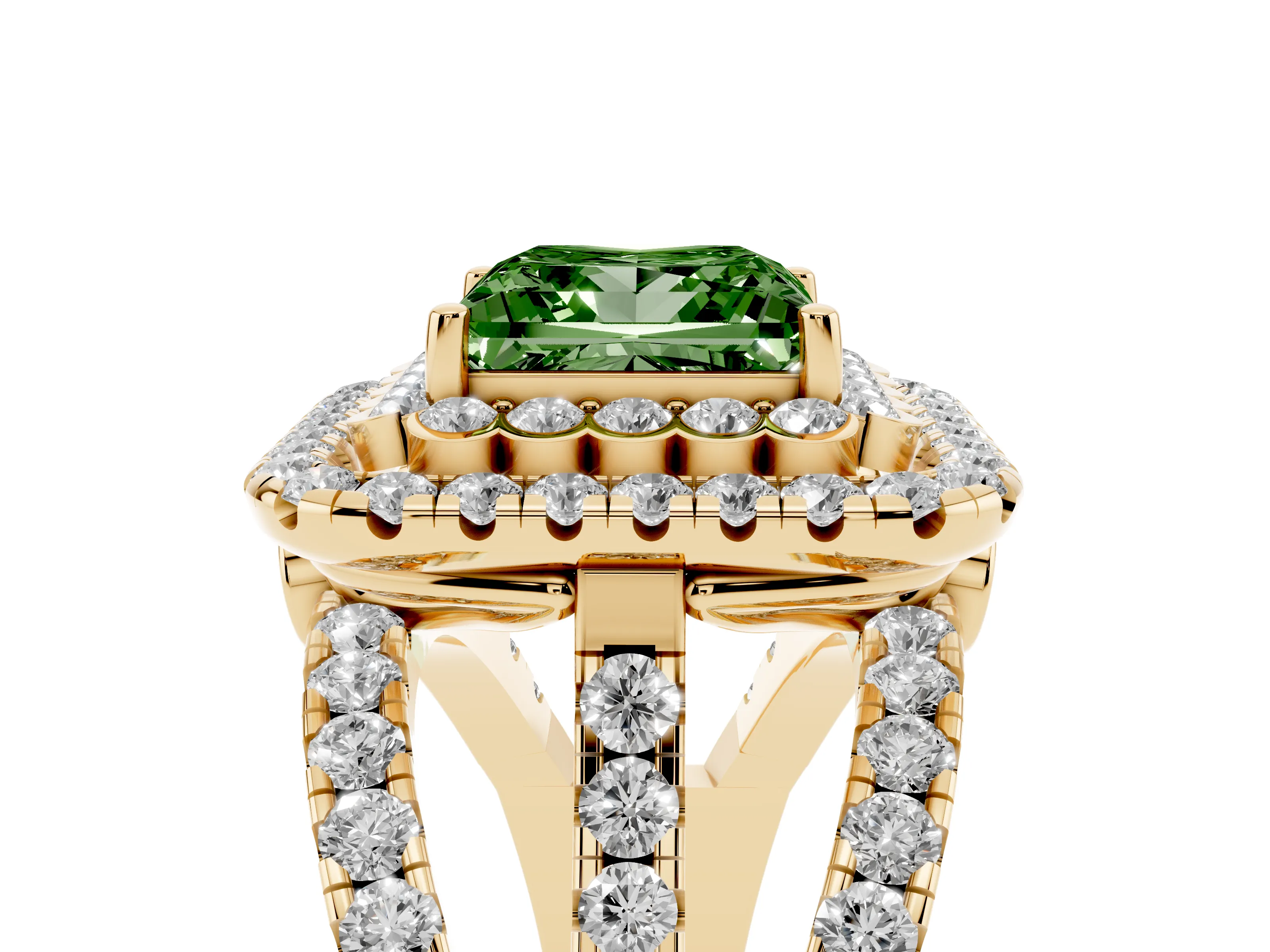 Fancy Green Princess Cut Diamond Double Halo Ring Set in Yellow gold with Round Pavé Split Shank