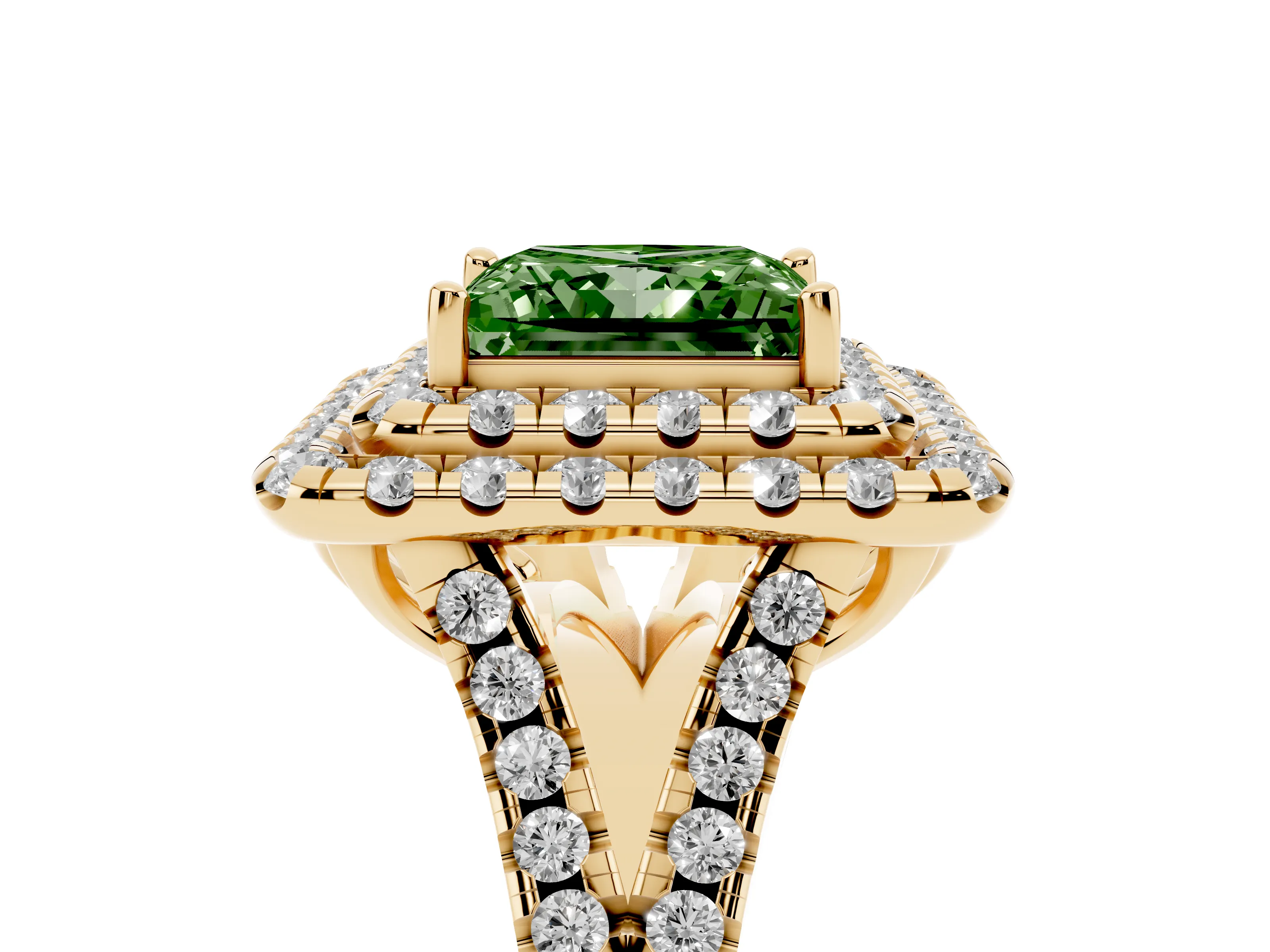 Fancy Green Princess Cut Diamond Double Halo Ring Set in Yellow gold with Pavé Split Shank and Prong Setting