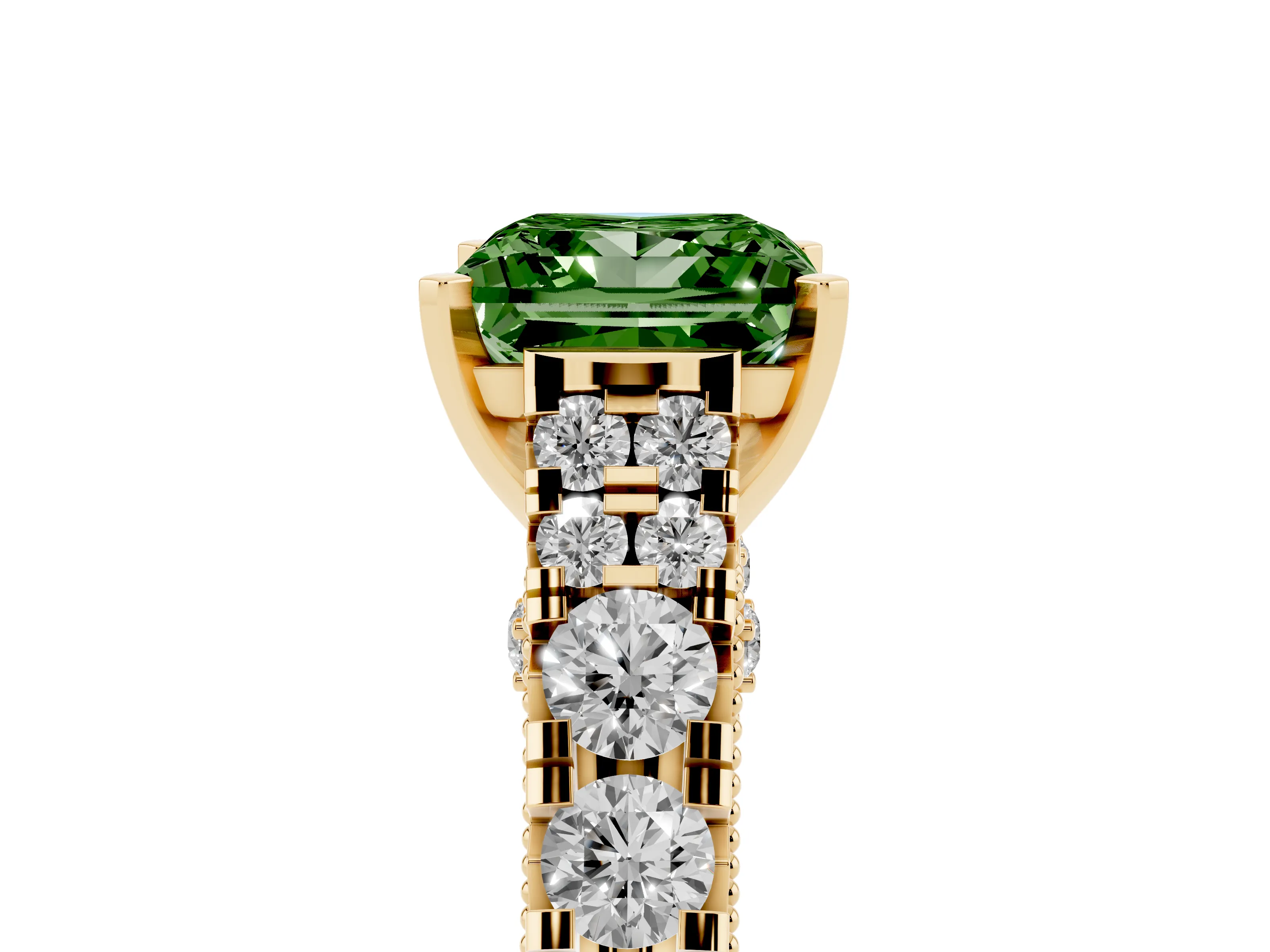 Fancy Green Princess Cut Diamond Classic Solitaire Ring Set in Yellow gold with Pavé Band and Prong Setting