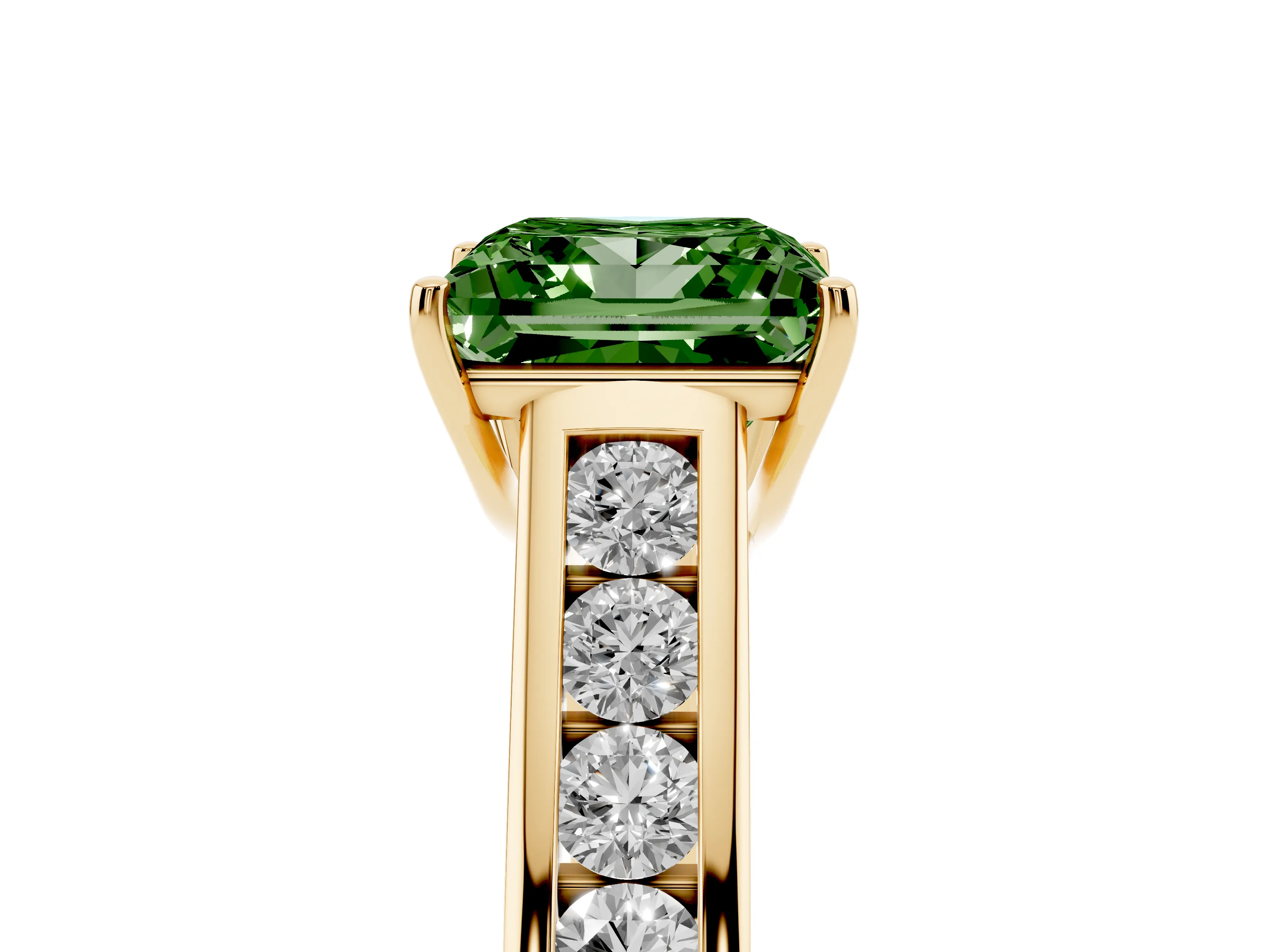 Fancy Green Princess Cut Diamond Solitaire Channel-Set Engagement Ring Set in Yellow gold with Prong Setting