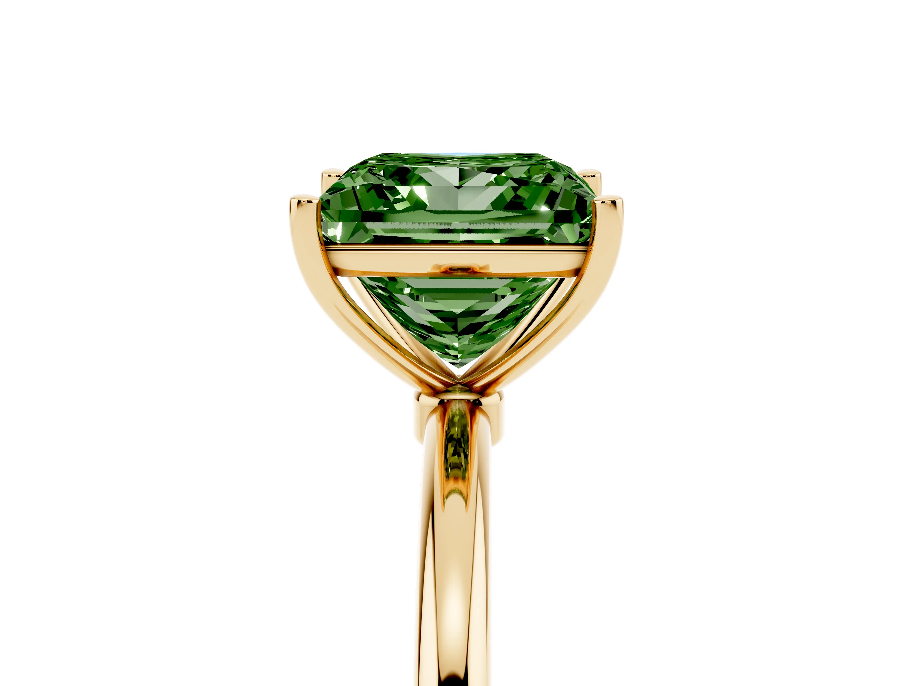 Fancy Green Princess Cut Diamond Solitaire Engagement Ring Set in Yellow gold with Thin Band and Prong Setting