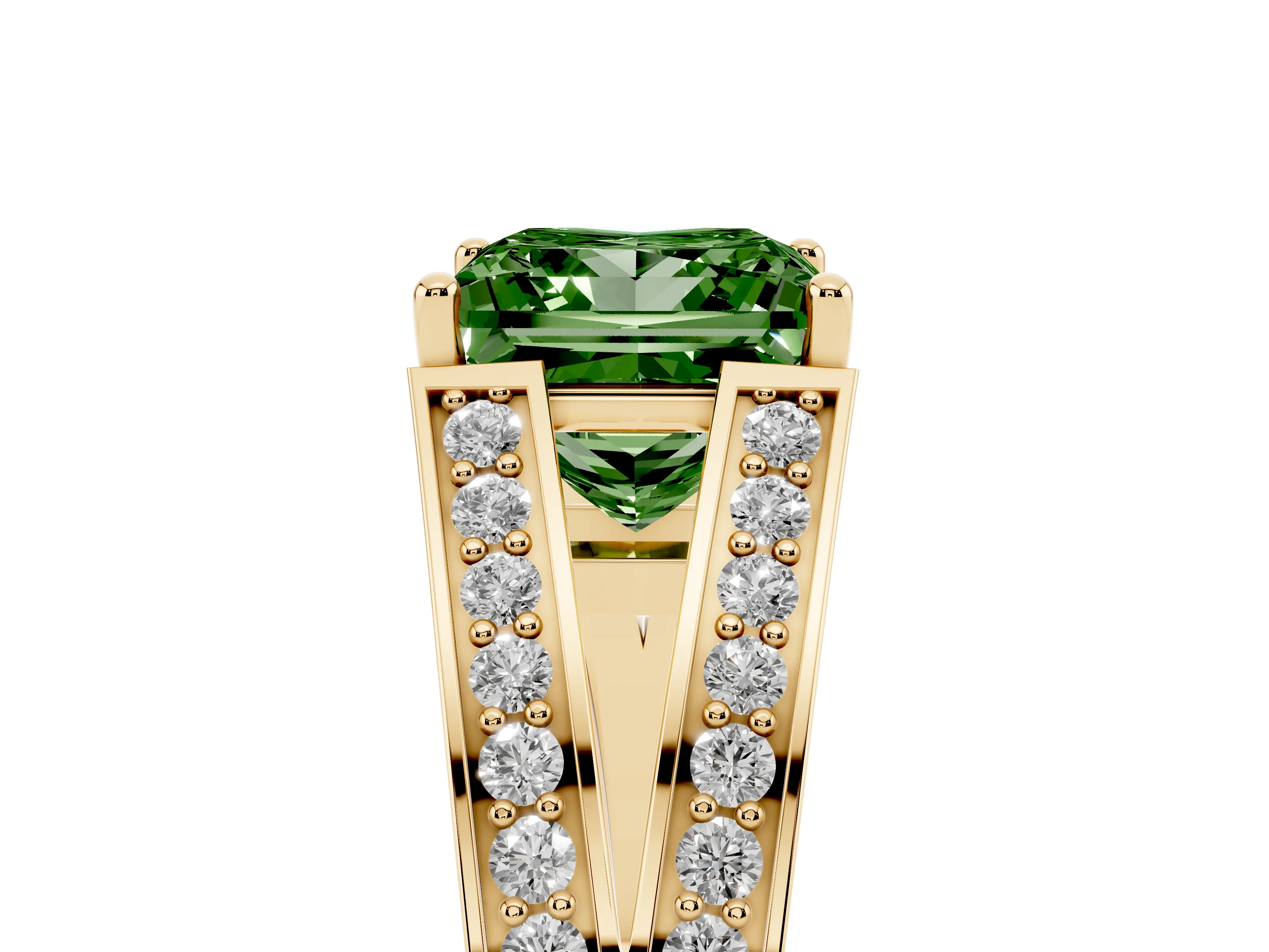Fancy Green Princess Cut Diamond Split Shank Ring Set in Yellow gold with Pavé Band and Prong Setting
