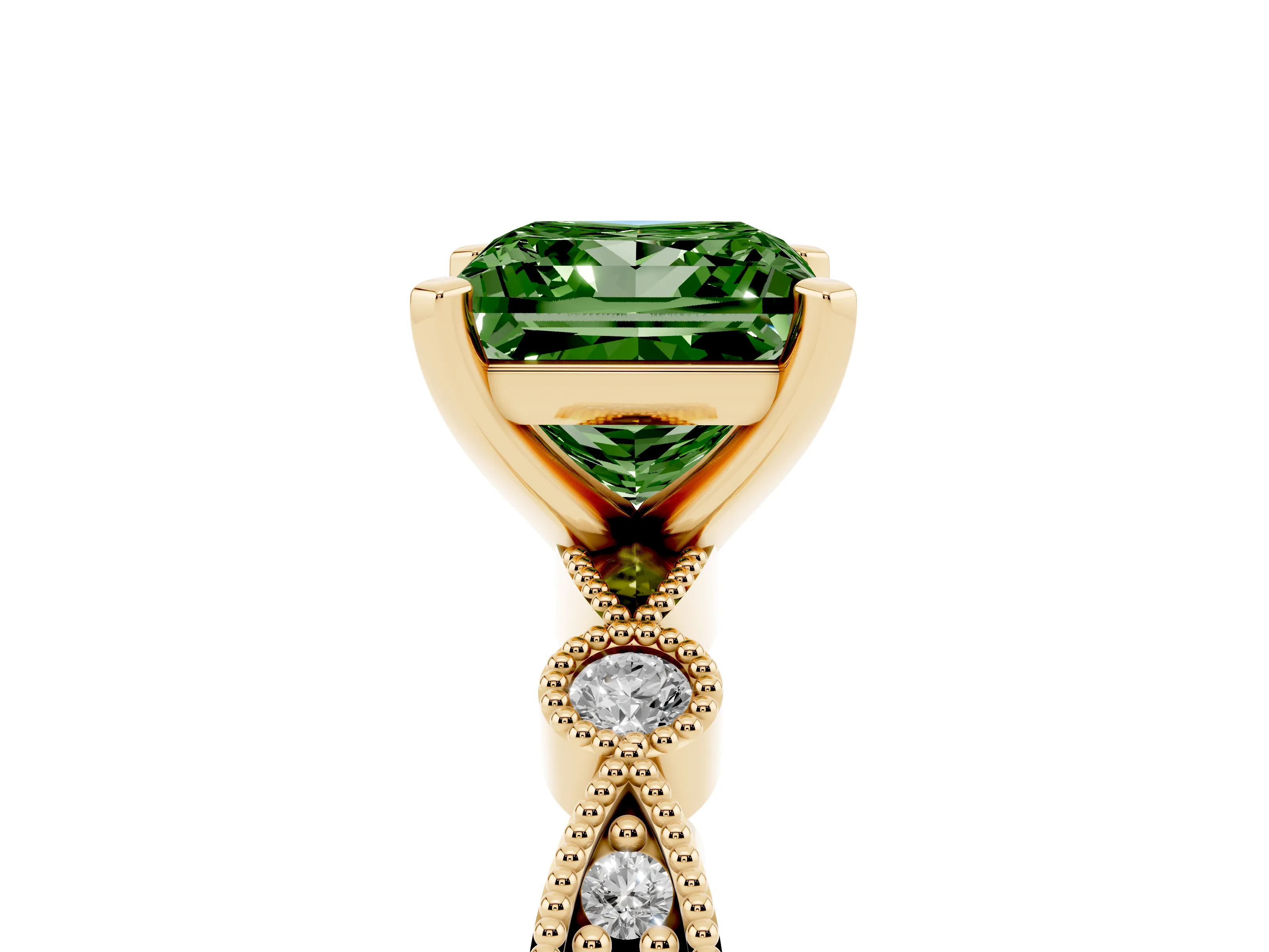 Fancy Green Princess Cut Diamond Solitaire Engagement Ring Set in Yellow gold with Milgrain Bezel Accent Band