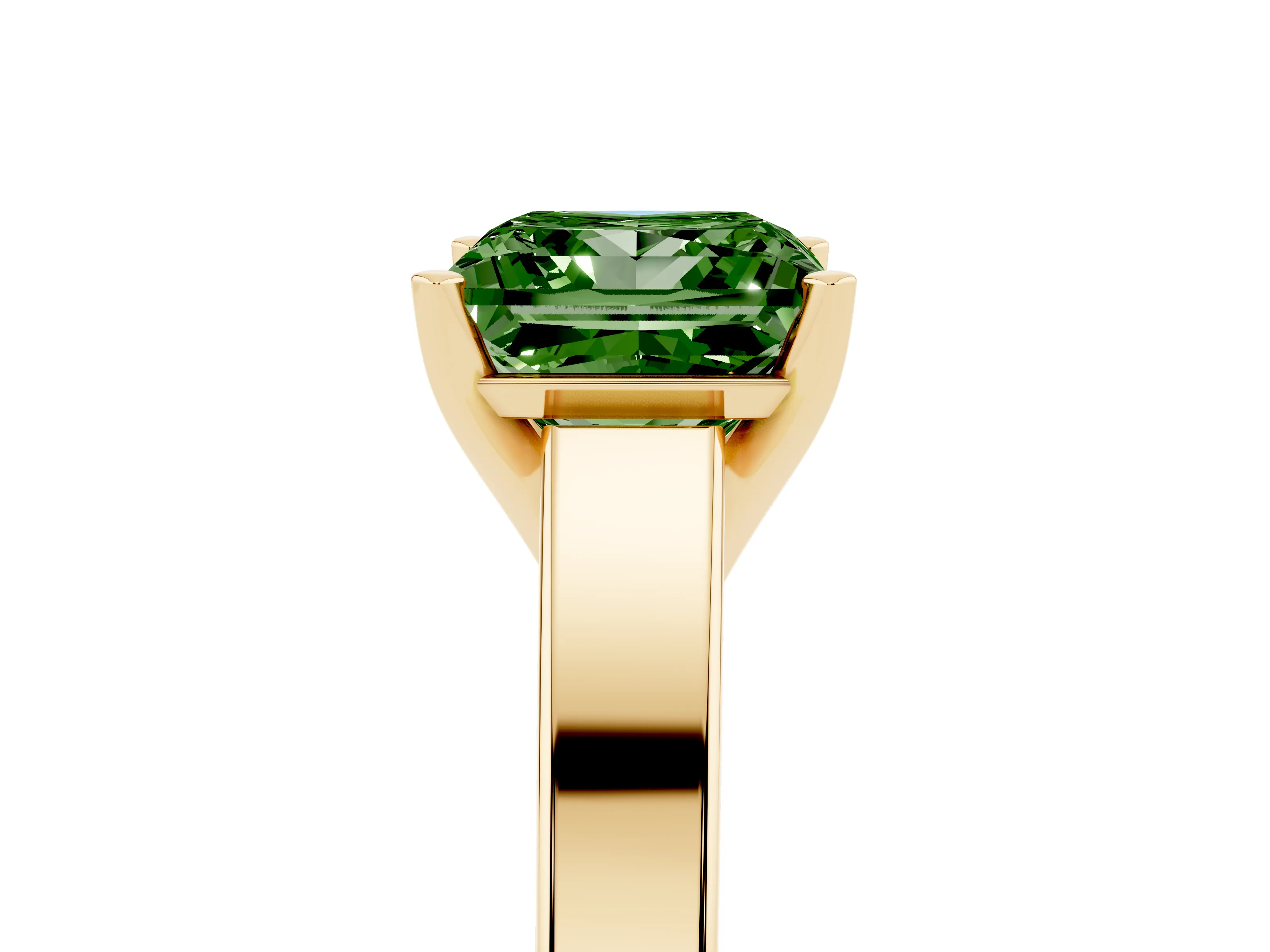 Fancy Green Princess Cut Diamond Solitaire Engagement Ring Set in Yellow gold with Prong Setting and Tapered Band
