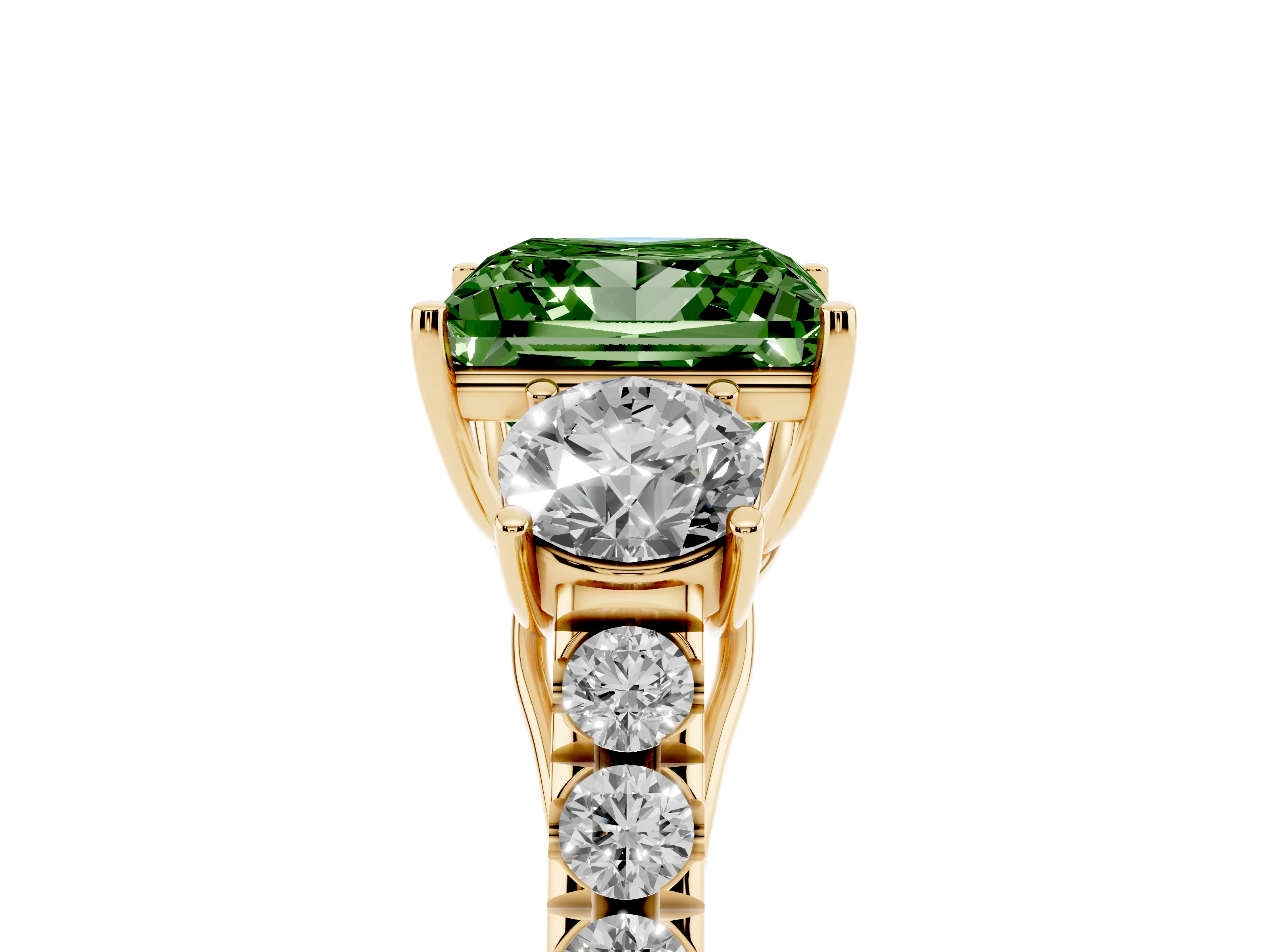 Fancy Green Princess Cut Diamond Three-Stone Ring Set in Yellow gold with Round Side Stones and Delicate Pavé Band