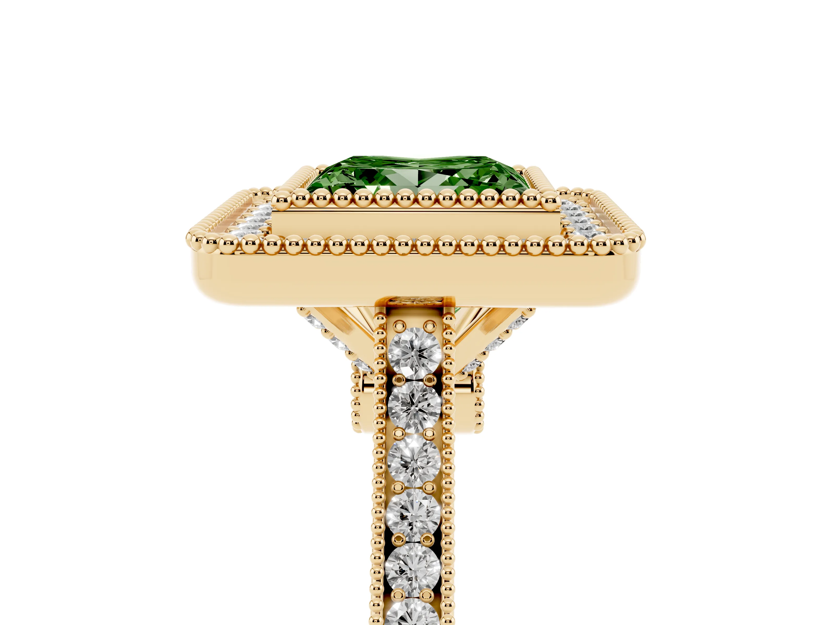 Fancy Green Princess Cut Diamond Halo Ring Set in Yellow gold with Milgrain Frame and Pavé Band